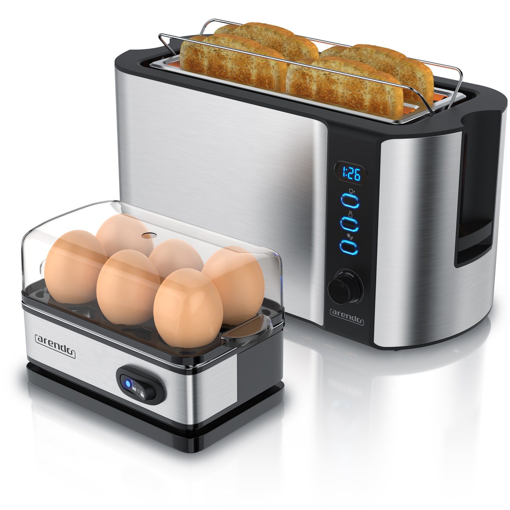 Arendo Frühstücksset, Langschlitz Toaster 4 Scheiben, Eierkocher für 6 Eier, Silber | 04062861804285