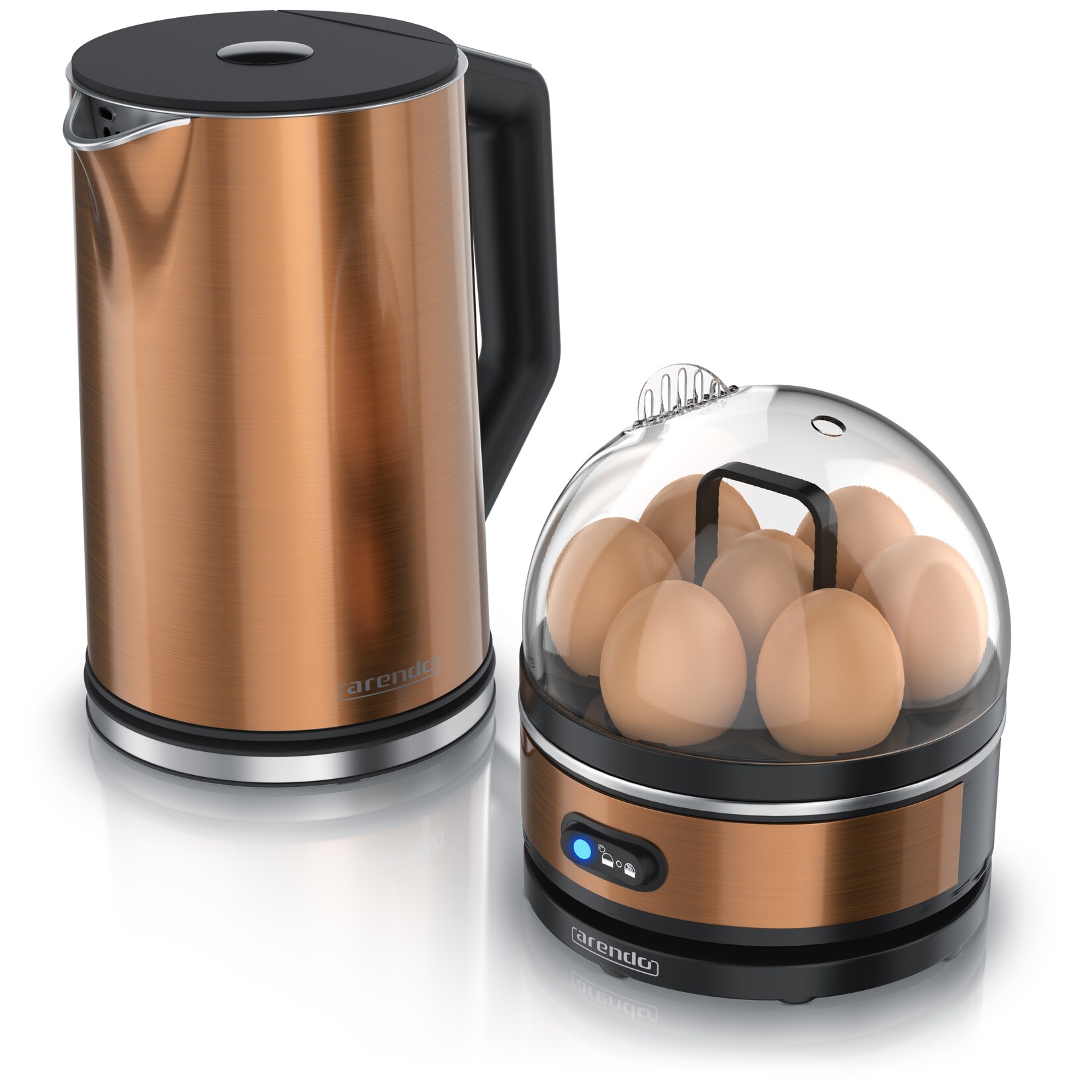 Arendo Frühstücksset, Wasserkocher ELEGANT mit Eierkocher SEVENCOOK Edelstahl Kupfer, Wasserkocher 1,5L, Eierkocher 1-7 Eier, Messbecher | 04062861841709