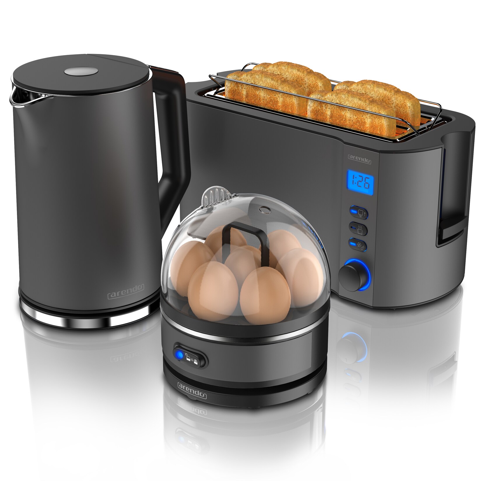 - SET Toaster MANHA mit Eierkocher SEVENCOOK Edelstahl Grau, Toaster 4 Scheiben, LED-Display, 6 Bräunungsgrade, Brötchenhalter - Eierkocher 1-7