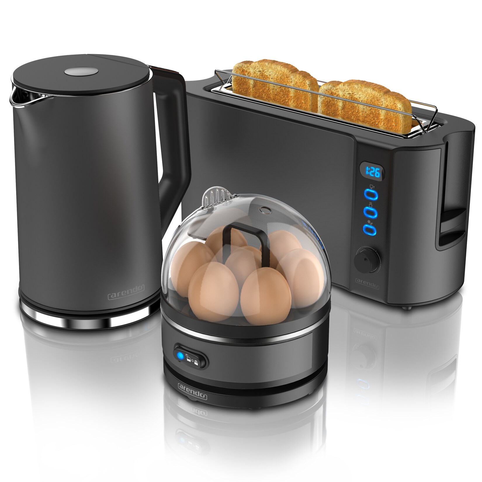- Wasserkocher mit Toaster und Eierkocher SET Edelstahl Grau Wasserkocher  40° - 100°C, Toaster 2 Scheiben LED-Display 6 Bräunungsgrade