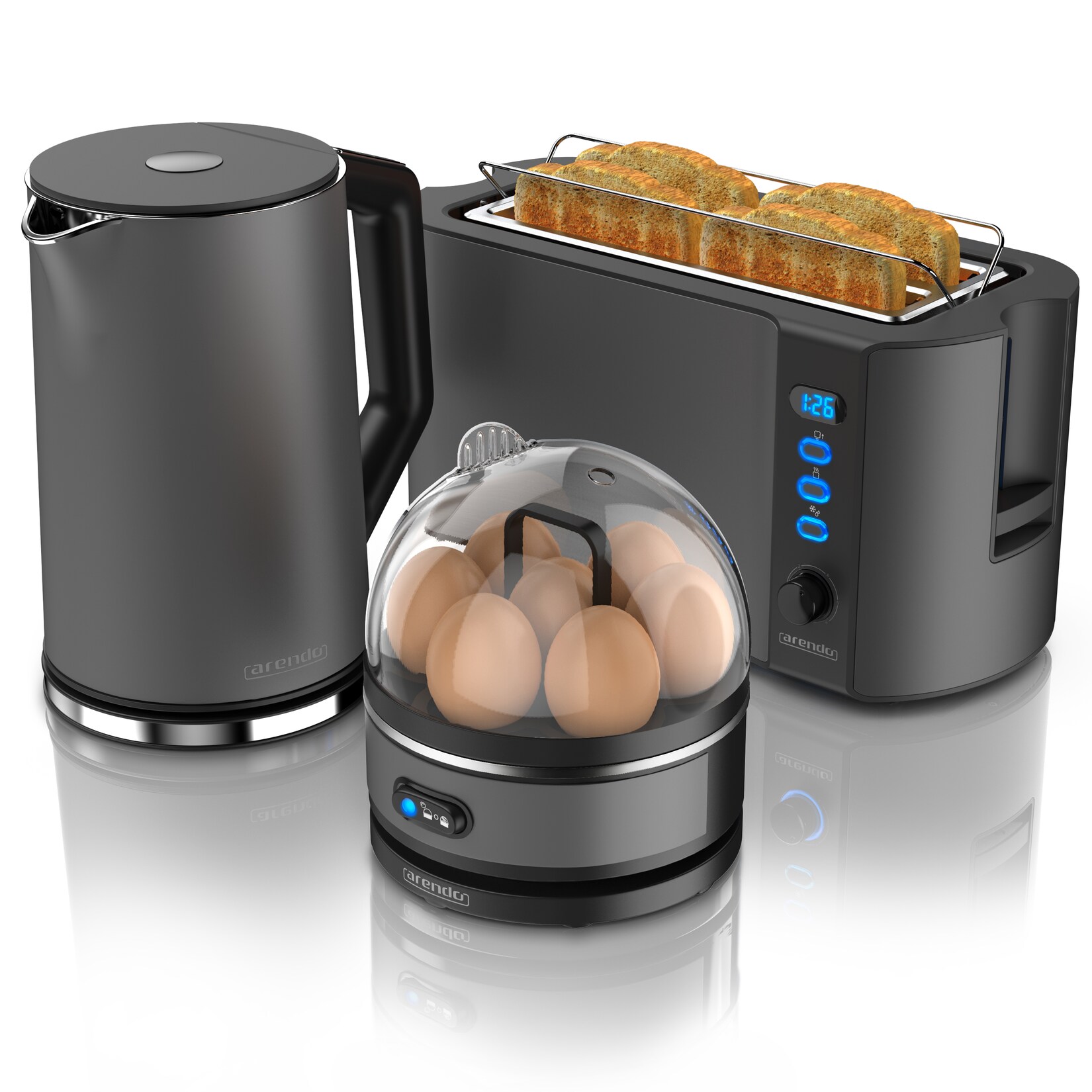 - Wasserkocher mit Toaster und Eierkocher SET Edelstahl Grau Wasserkocher  40° - 100°C, Toaster 4 Scheiben LED-Display 6 Bräunungsgrade