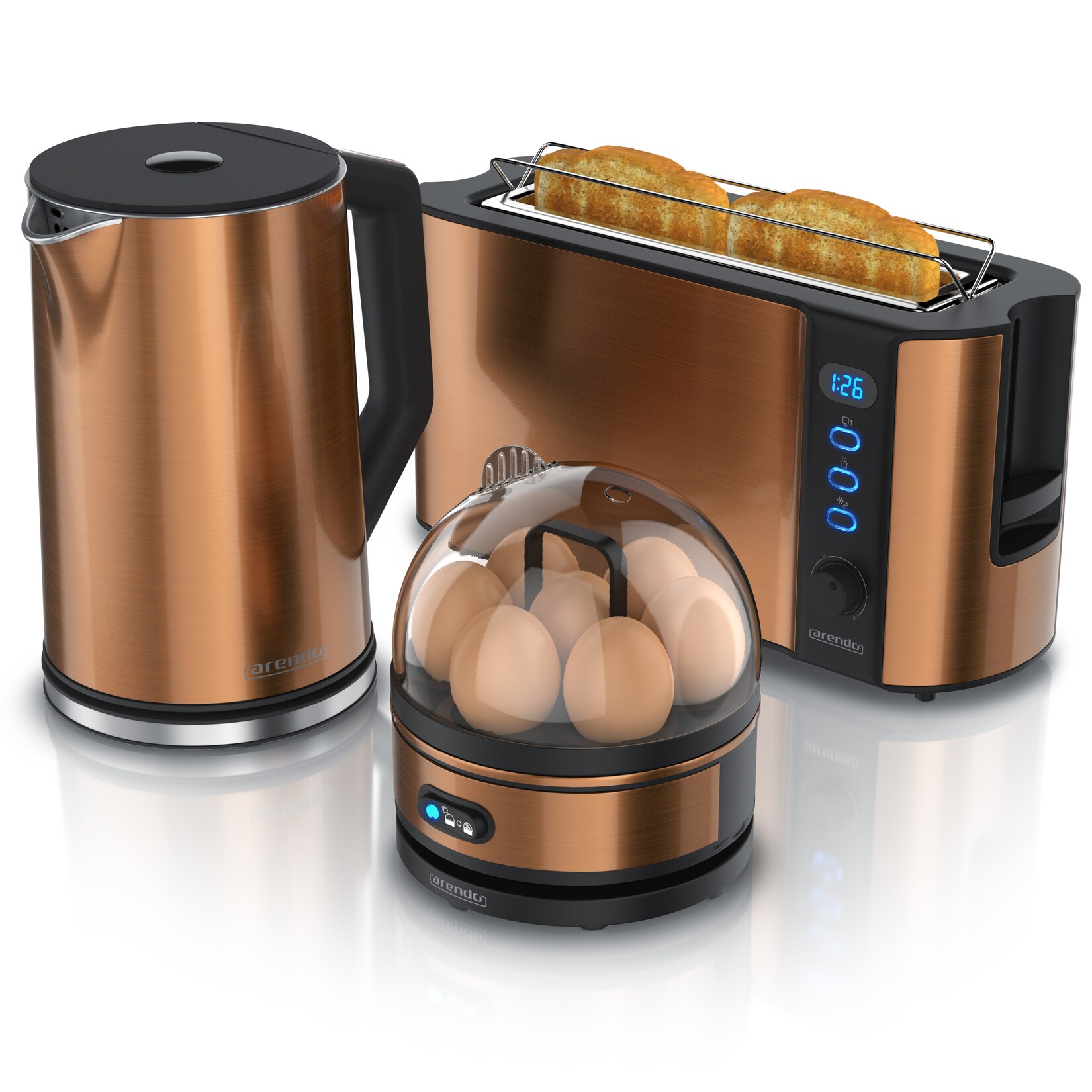 - Wasserkocher mit Toaster und Eierkocher SET Edelstahl Kupfer Wasserkocher  40° - 100°C, Toaster 2 Scheiben LED-Display 6 Bräunungsgrade