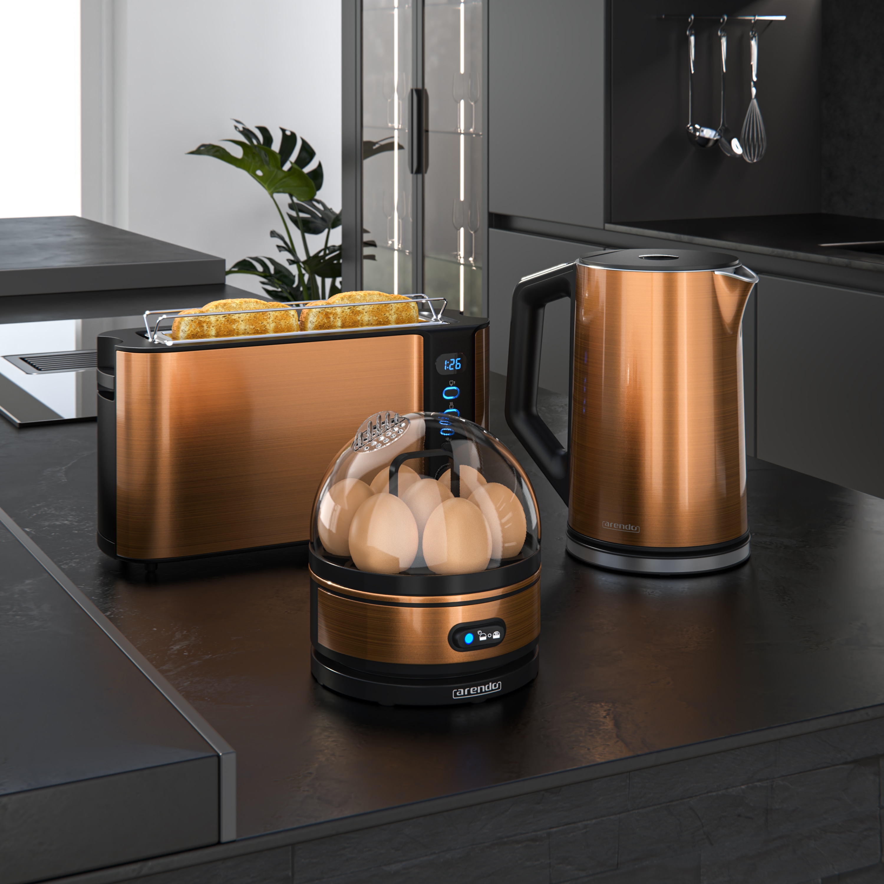 Arendo - Wasserkocher mit Toaster und Eierkocher SET Edelstahl Kupfer Wasserkocher 1,5L 40°