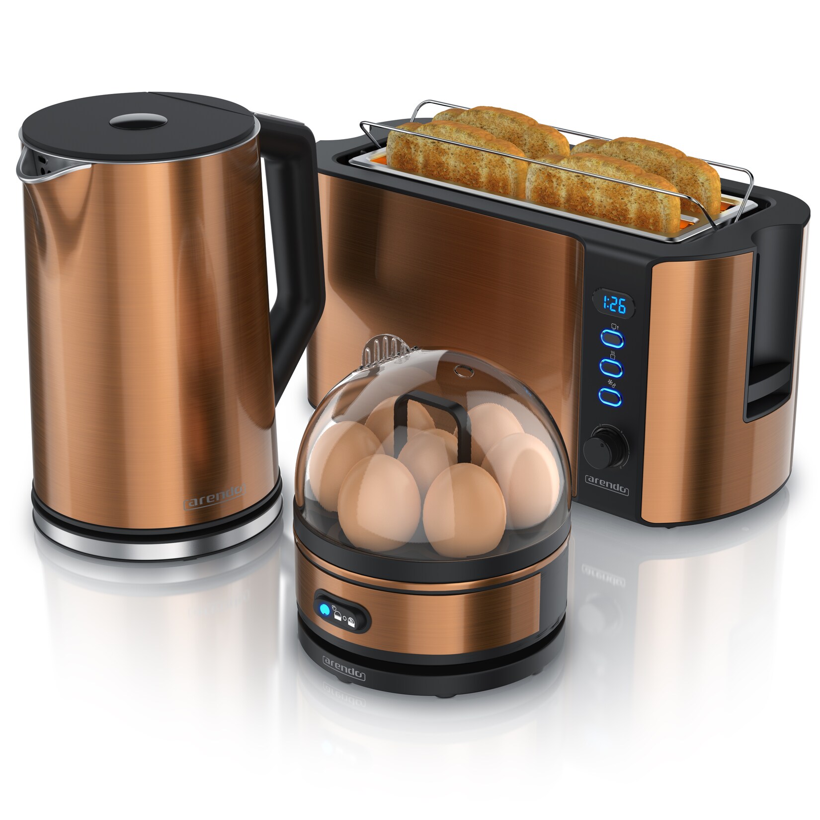 - Wasserkocher mit Toaster und Eierkocher SET Edelstahl Kupfer Wasserkocher  40° - 100°C, Toaster 4 Scheiben LED-Display 6 Bräunungsgrade