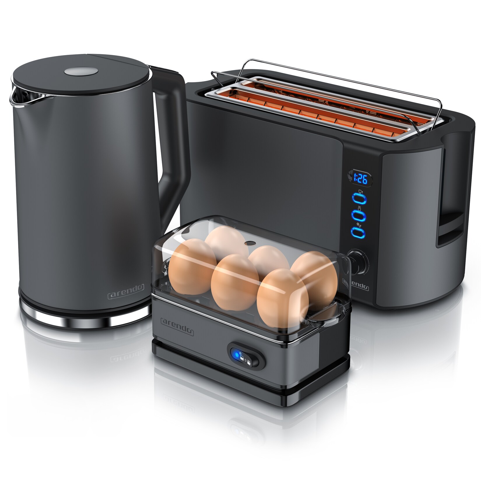 3-teiliges Frühstücksset - Wasserkocher , 4-Scheiben Toaster, 6er Eierkocher, Grau