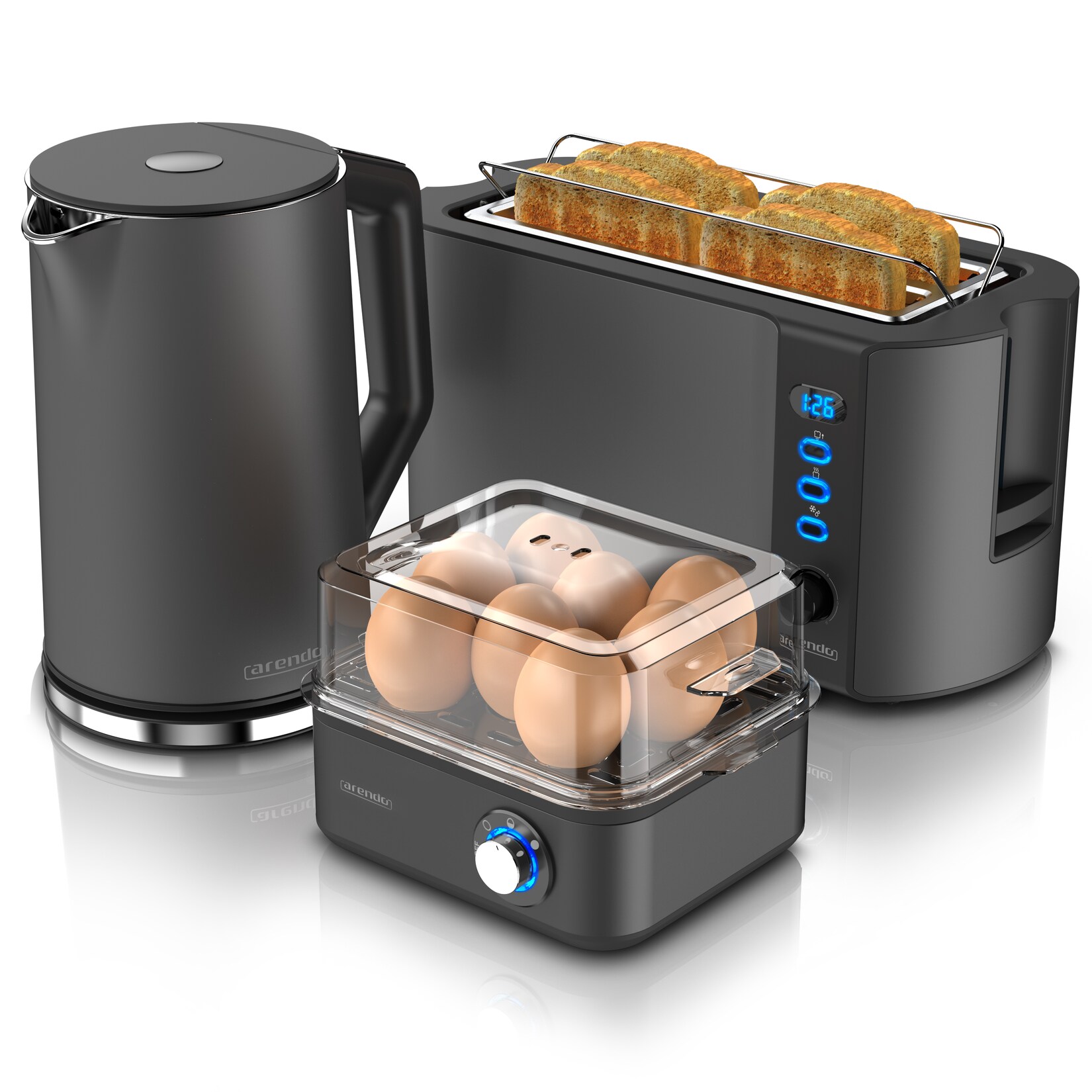 3-teiliges Frühstücksset - Wasserkocher , 4-Scheiben Toaster, 8er Eierkocher, Grau