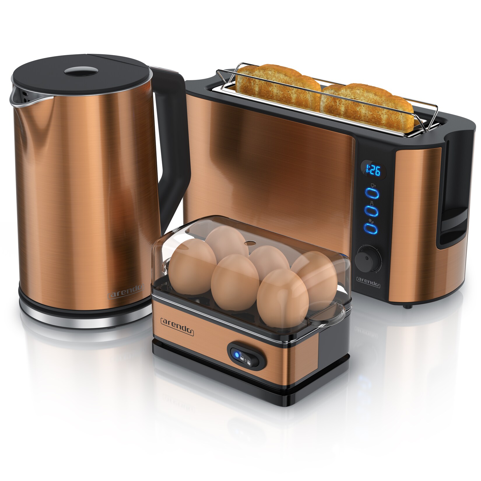3-teiliges Frühstücks-Set, 2-Scheiben Langschlitz Toaster, 6er Eierkocher, Wasserkocher 1,5 Liter, Kupfer