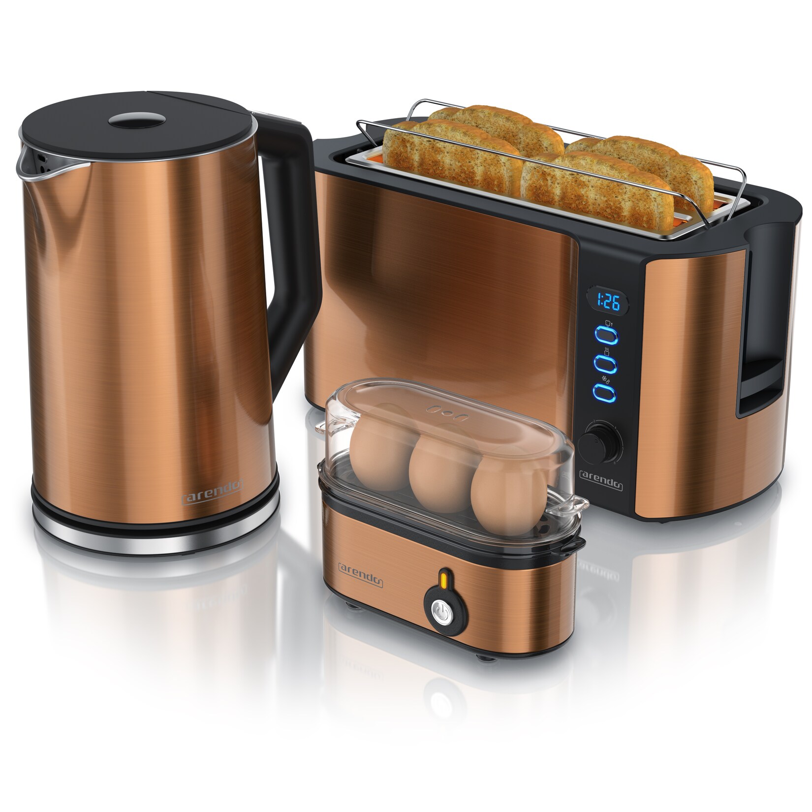 3-teiliges Frühstücks-Set, 4 Scheiben Langschlitztoaster, Wasserkocher , 3er Eierkocher, Kupfer