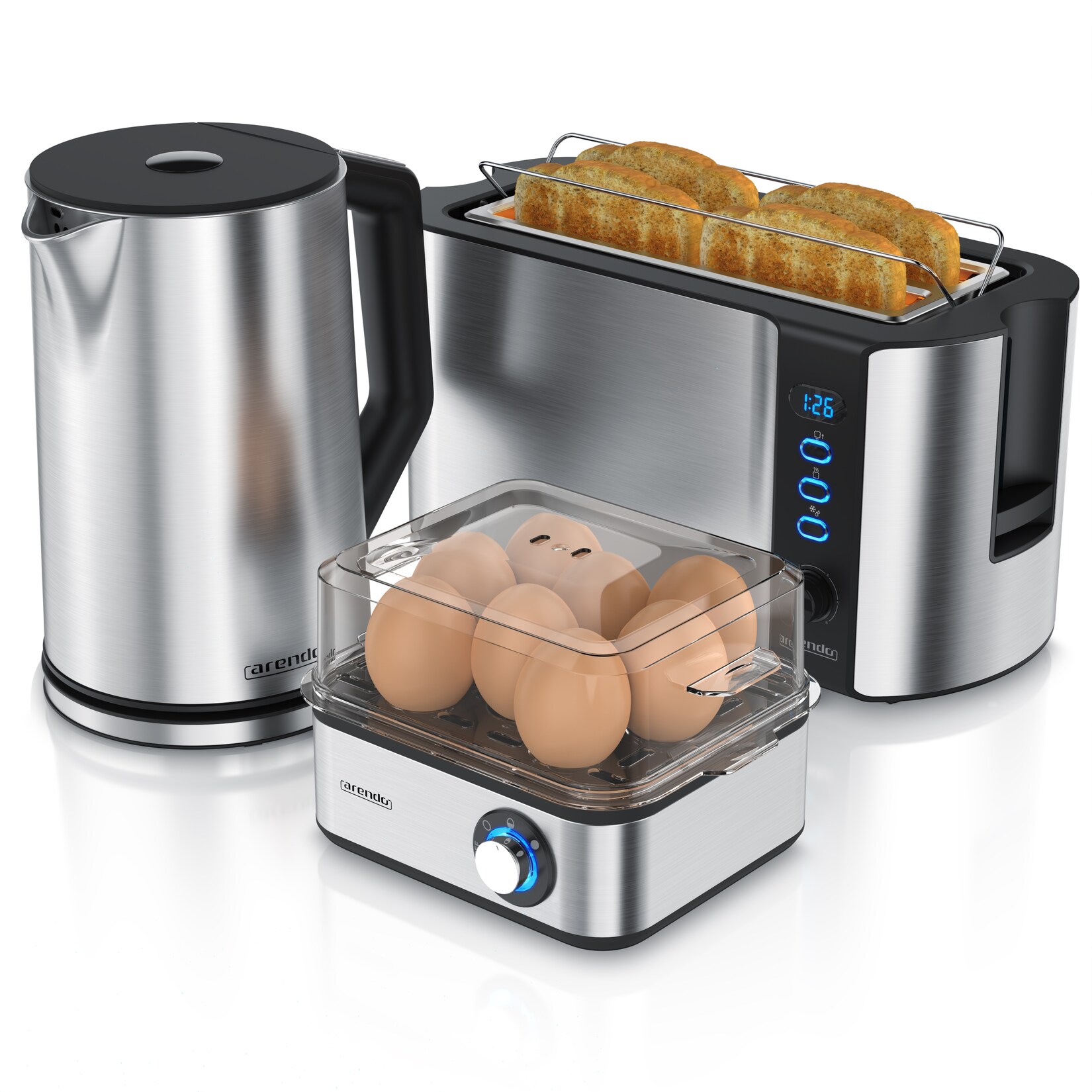 3-teiliges Frühstücksset, Wasserkocher , Langschlitz Toaster 4-Scheiben , 8er Eierkocher, Silber