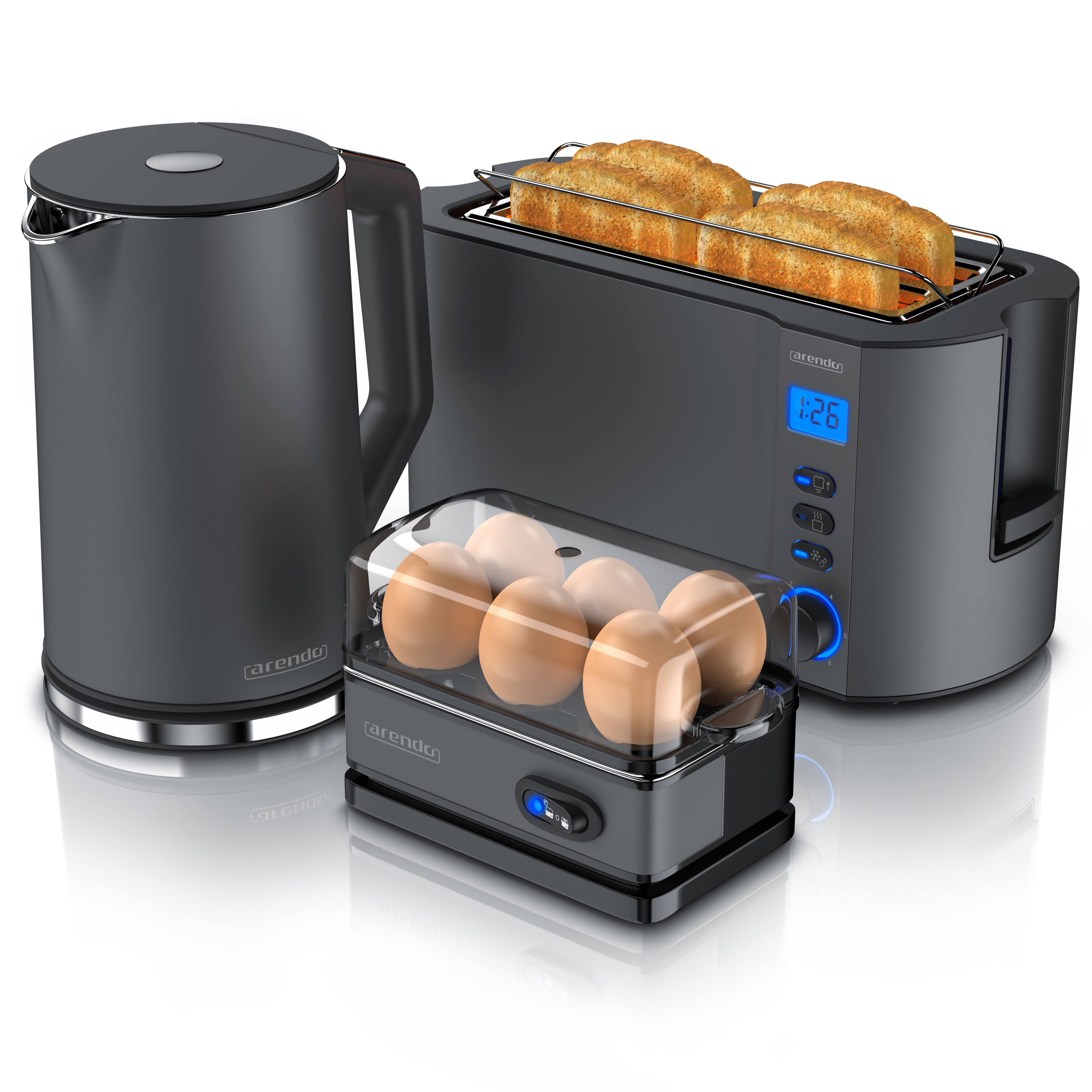 Arendo 3-teiliges Fr&uuml;hst&uuml;cksset, Wasserkocher ELEGANT 1,5l, 4-Scheiben Toaster, 6er Eierkocher, Grau - Bild 1