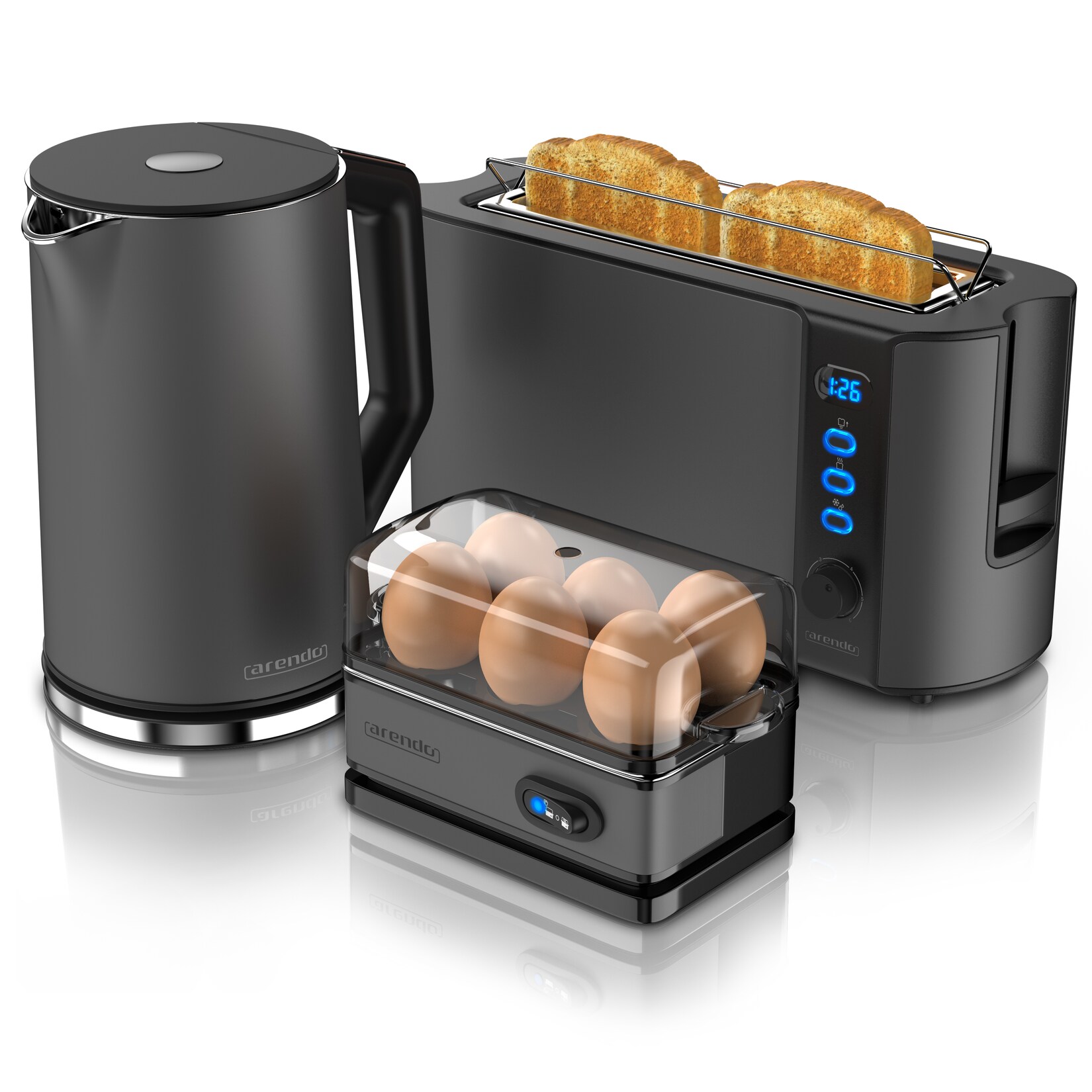 Frühstücks Set in Grau - Wasserkocher / Langschlitz Toaster / Eierkocher
