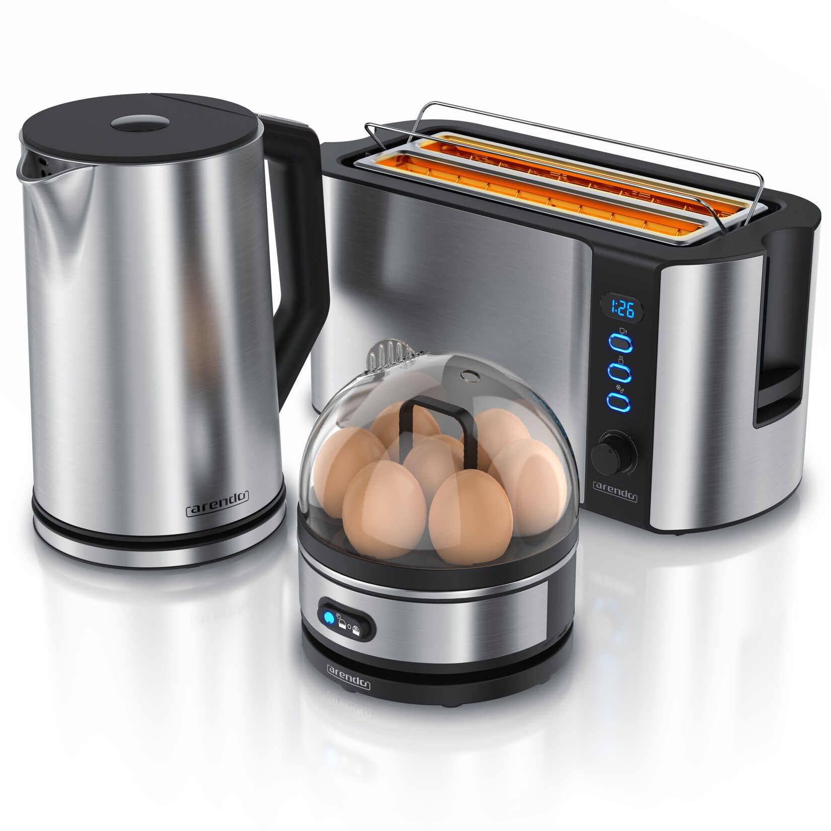 Frühstücksset 3-teilig,  Wasserkocher, 4-Scheiben Langschlitz Toaster, 7er Eierkocher, Silber