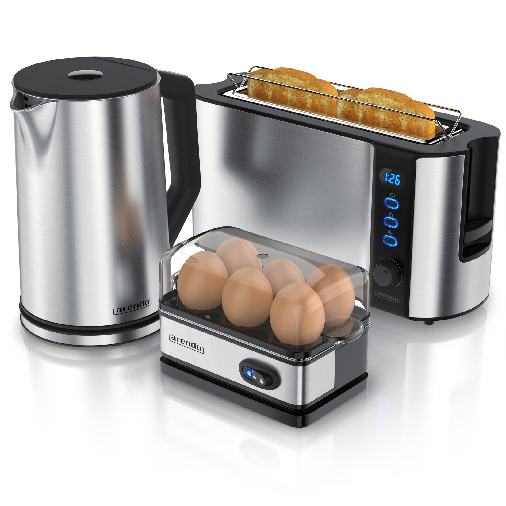 Frühstücksset 3-teilig, 2-Scheiben Toaster, 6er Eierkocher, Wasserkocher , Silber