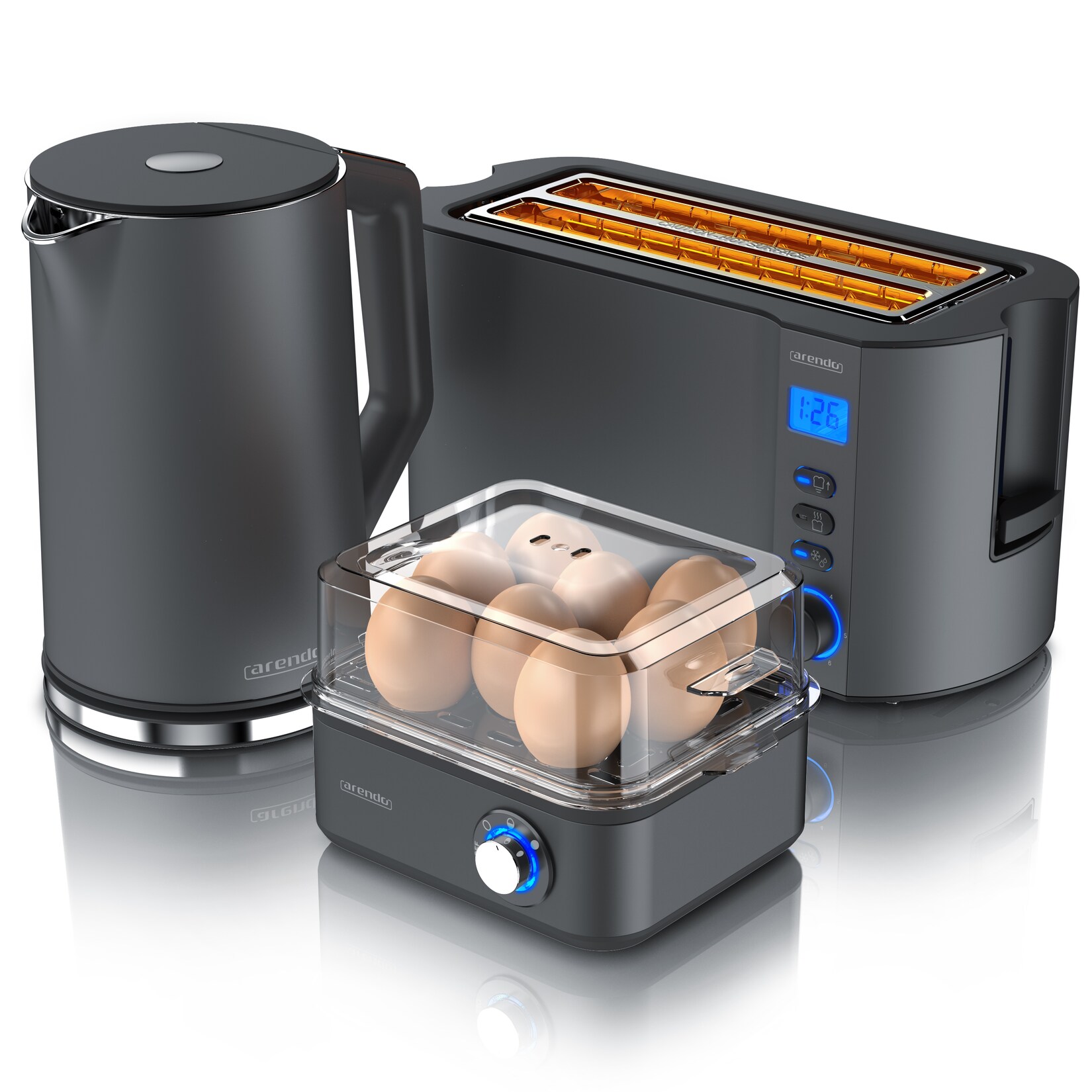 Frühstücks-Set 3-teilig, 4-Scheiben Langschlitztoaster, 8er Eierkocher,  Wasserkocher, Grau