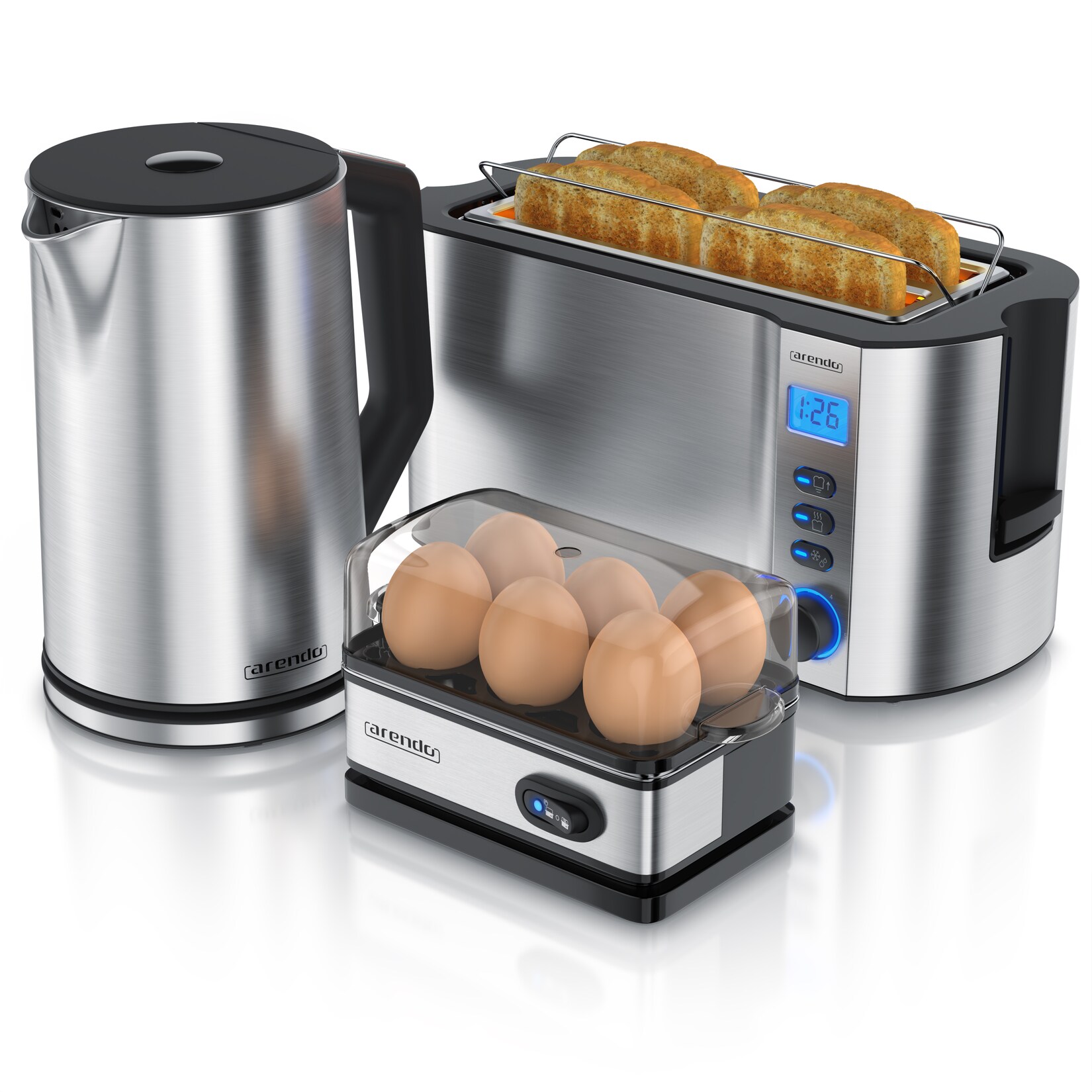 Frühstücksset 3-teilig, Wasserkocher 1,5 Liter, 4-Scheiben Langschlitz Toaster MANHA, 6er Eierkocher, Silber