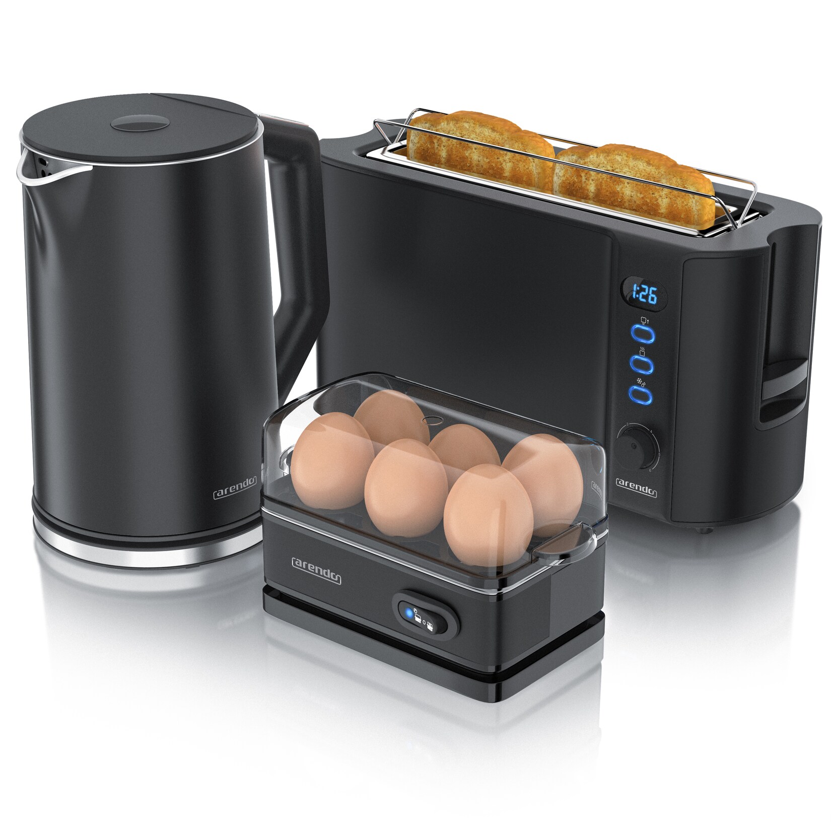 Frühstücks-Set Wasserkocher , 2-Scheiben Toaster, 6er Eierkocher, Schwarz