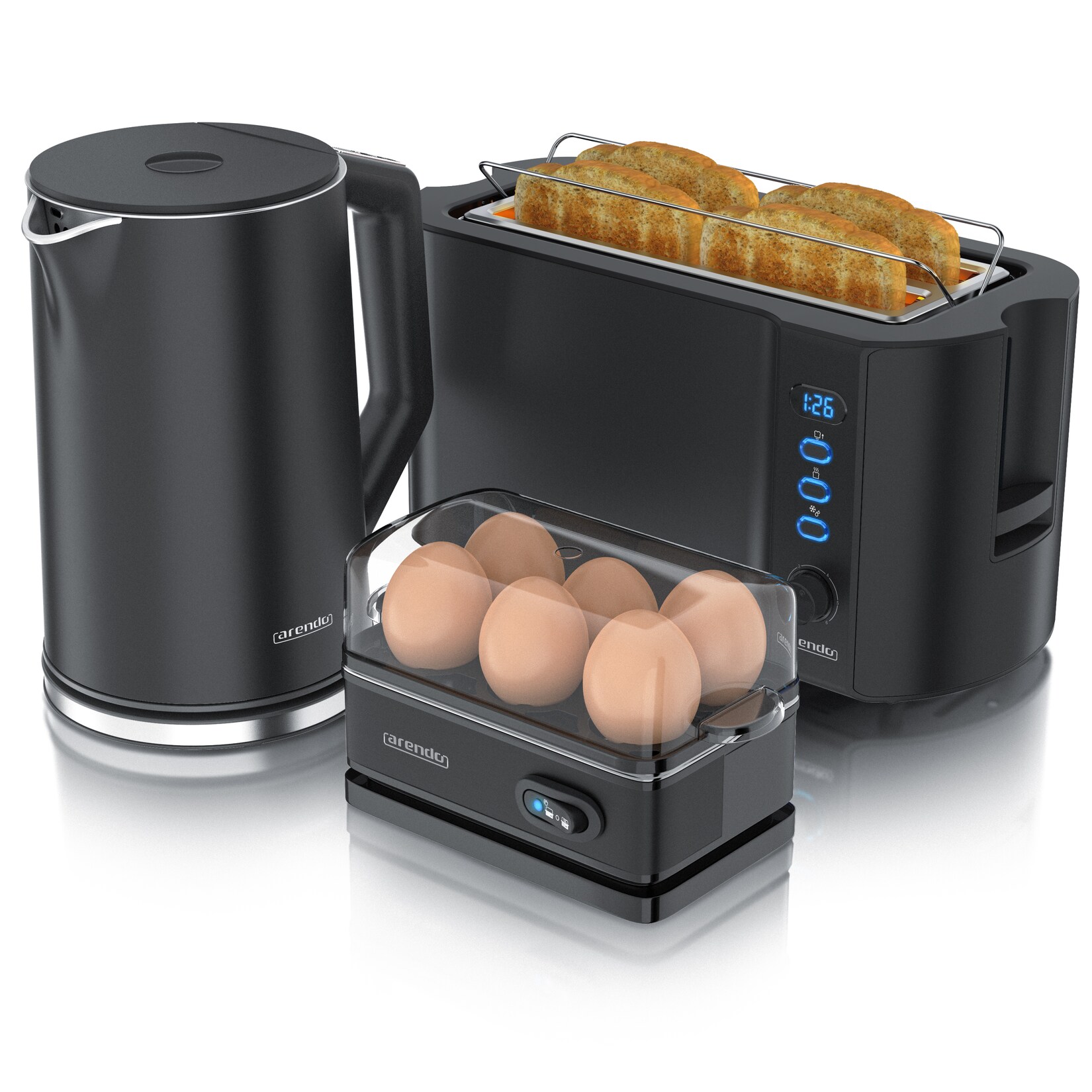 Frühstücks-Set Wasserkocher , 4-Scheiben Toaster, 6er Eierkocher, Schwarz