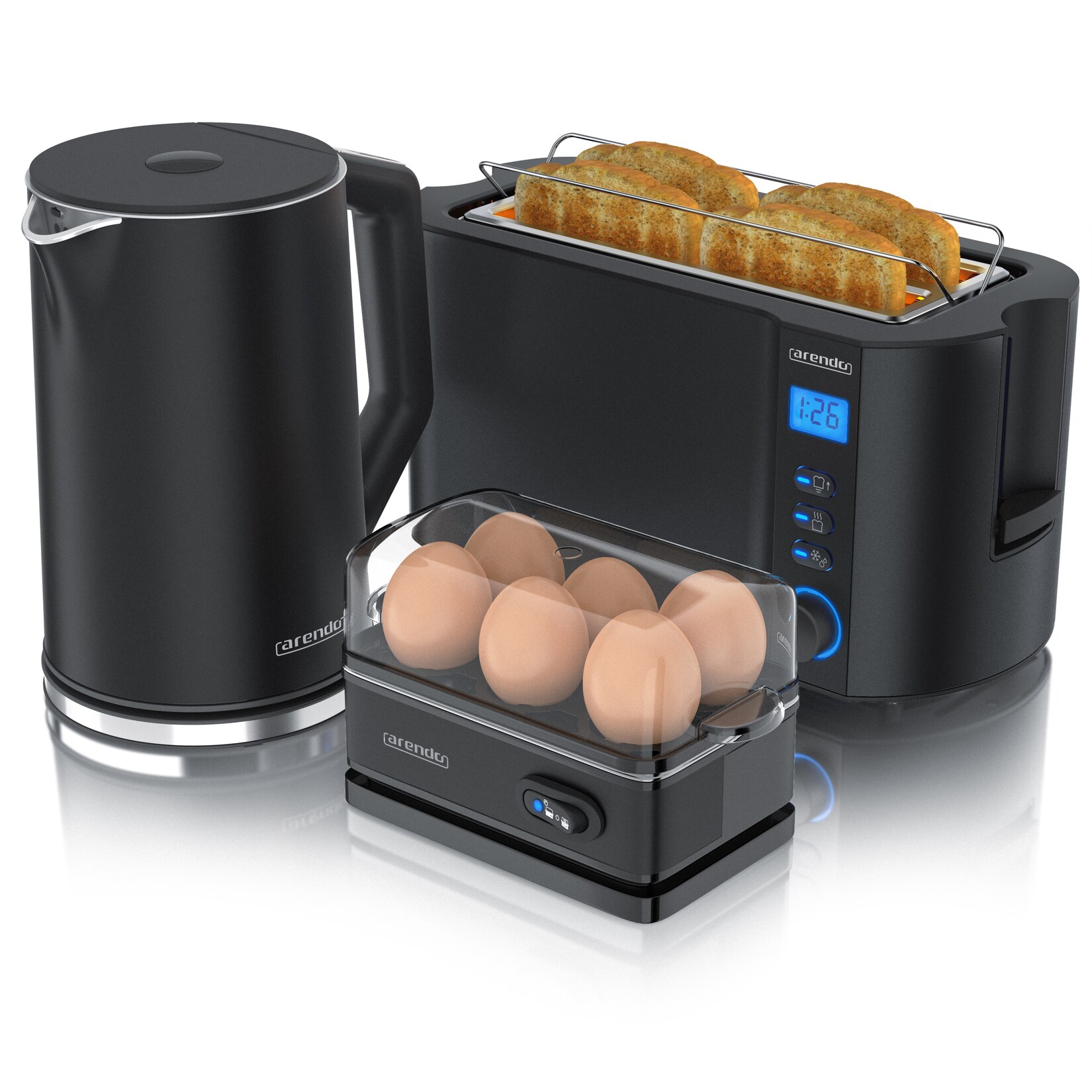 Frühstücks-Set Wasserkocher , 4-Scheiben Toaster, 6er Eierkocher, Schwarz