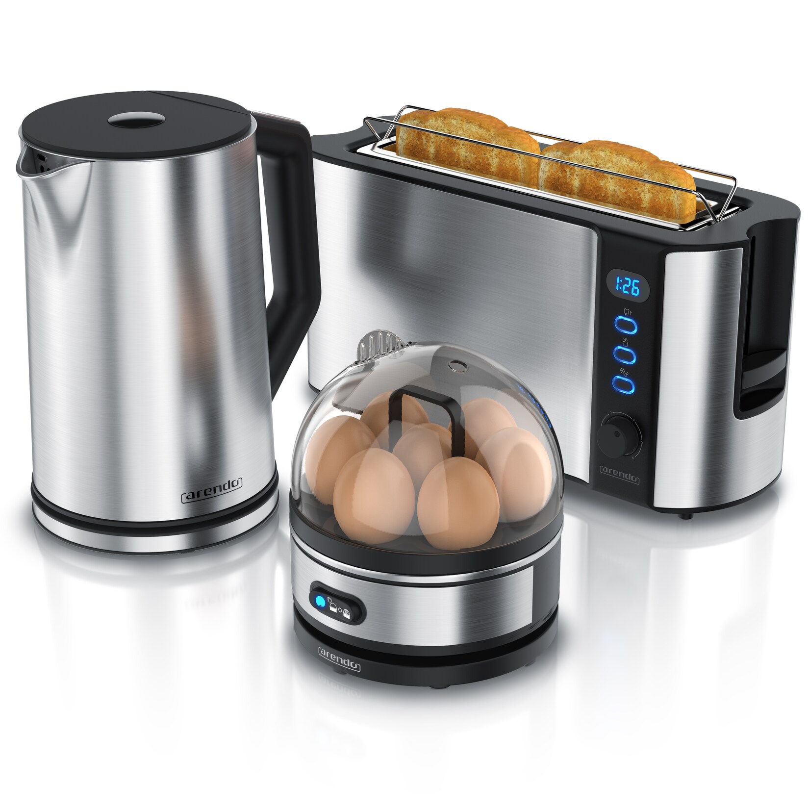 Frühstücks-Set, Wasserkocher, 2-Scheiben Langschlitz Toaster, 7er Eierkocher, Silber