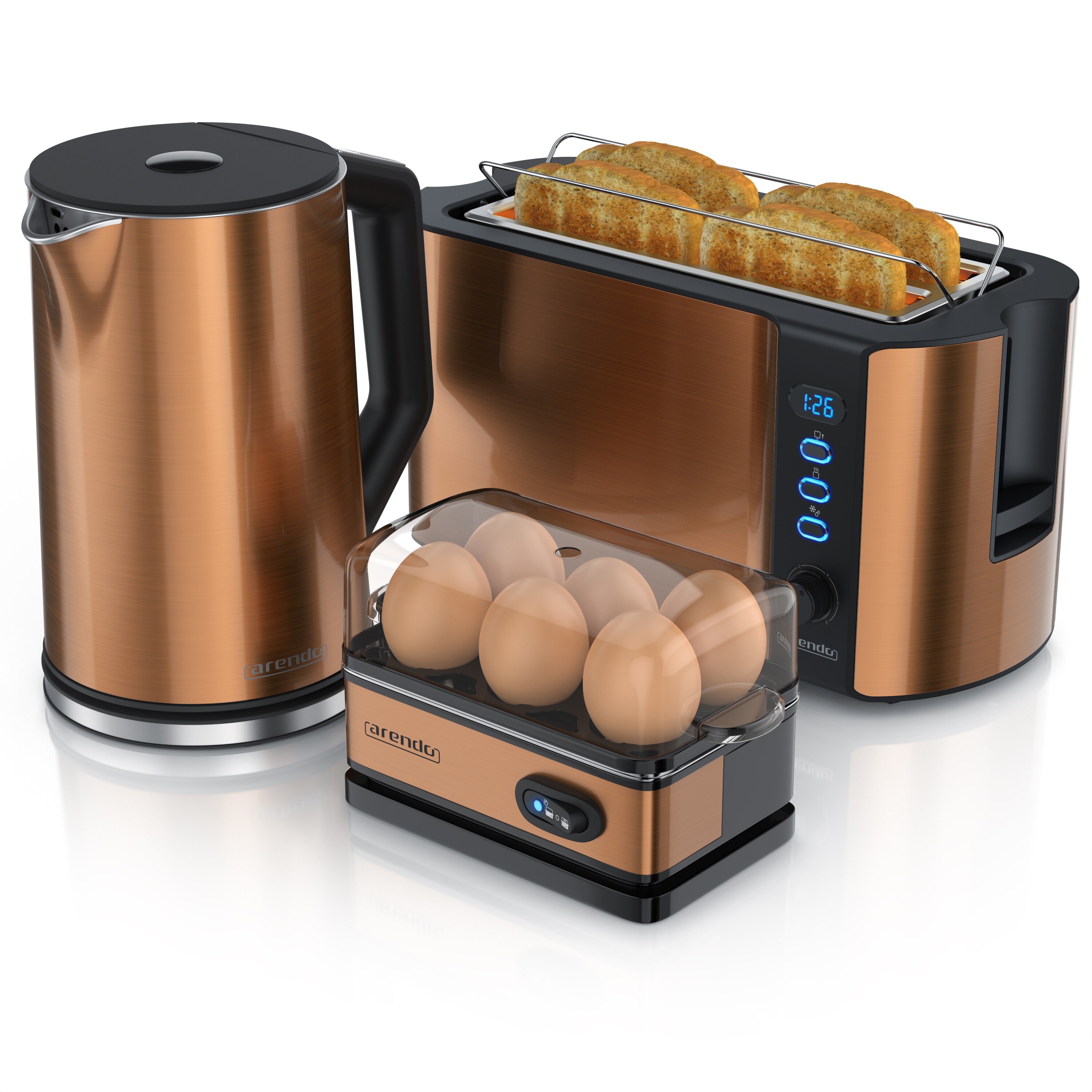 Arendo Fr&uuml;hst&uuml;cks-Set, 4-Scheiben Langschlitztoaster, Wasserkocher 2200W, 6er Eierkocher, Kupfer - Bild 1