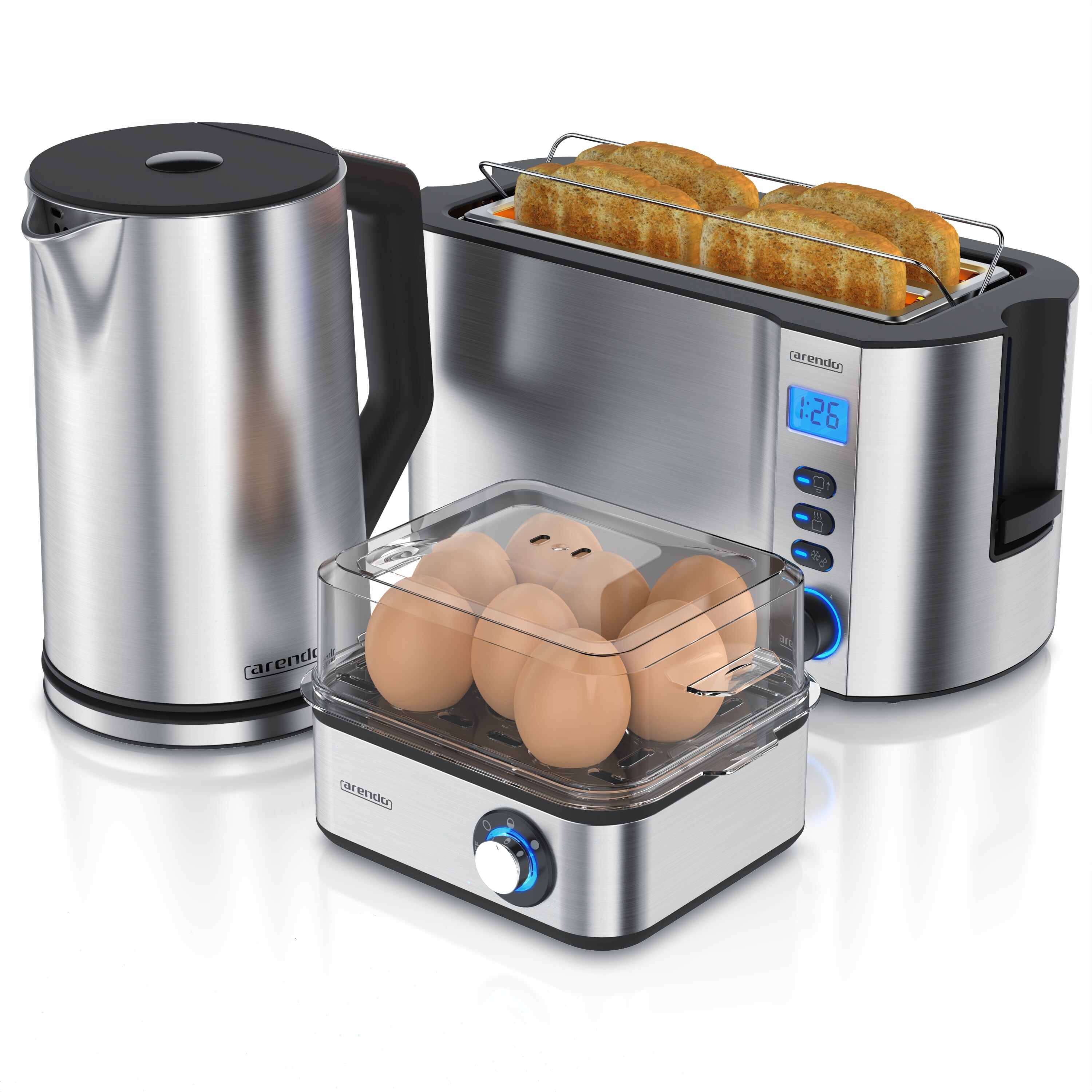 Arendo Fr&uuml;hst&uuml;cks-Set, 8er Eierkocher EIGHTCOOK, Wasserkocher 1,5l, 4-Scheiben Toaster Langschlitz, Silber - Bild 1