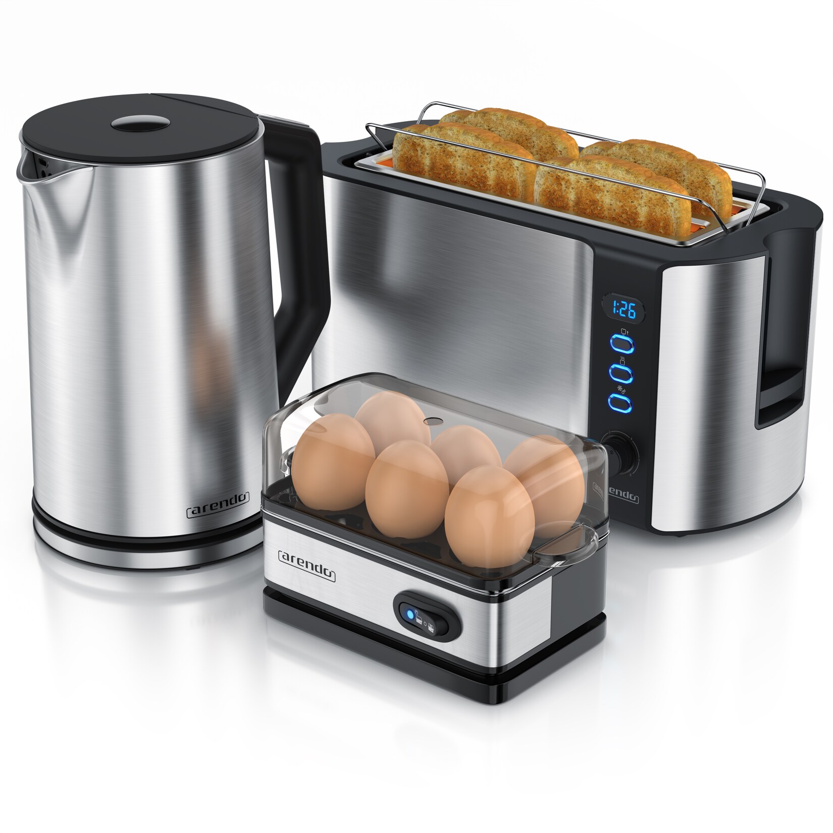 Frühstücksset, Wasserkocher 1,5 Liter + 6er Eierkocher + Langschlitztoaster für 4 Scheiben, Silber