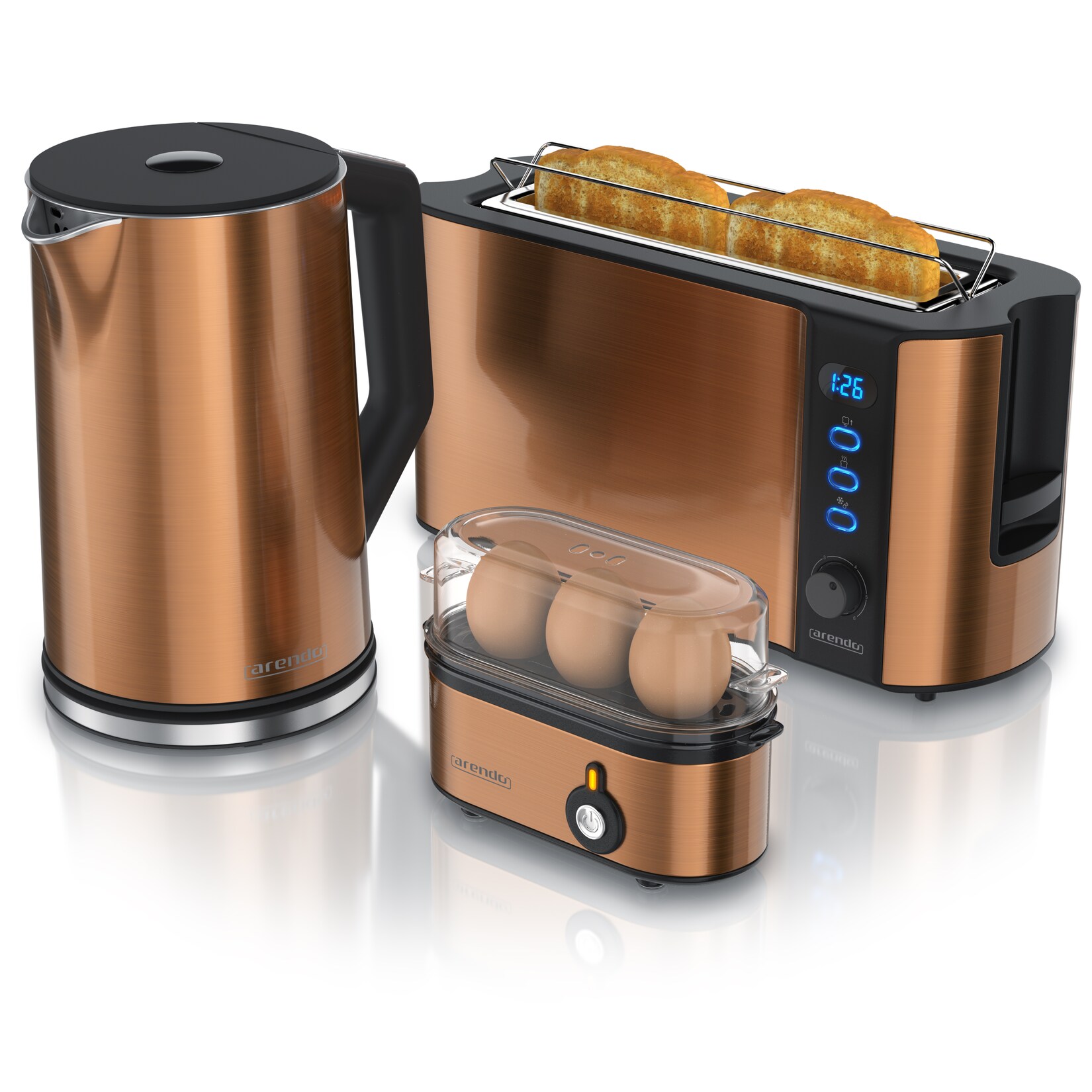 Frühstücksset, Wasserkocher , 2-Scheiben Toaster Langschlitz, 3er Eierkocher, Kupfer