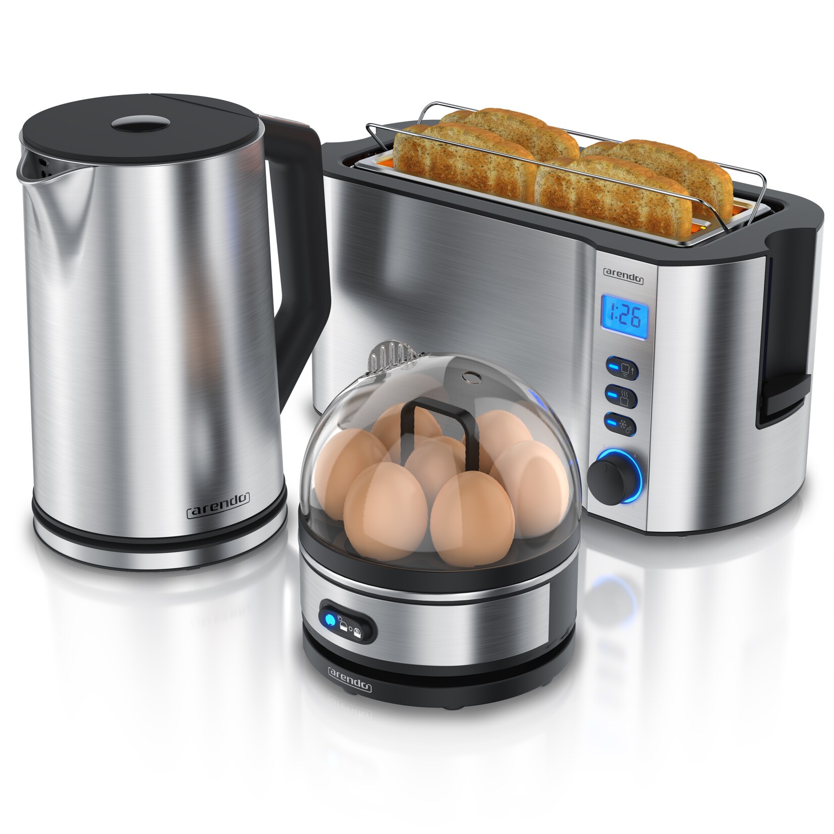 Arendo Frühstücksset, Wasserkocher 1,5l, 4-Scheiben Langschlitztoaster, 7er Eierkocher SEVENCOOK, Silber | 04062861804469