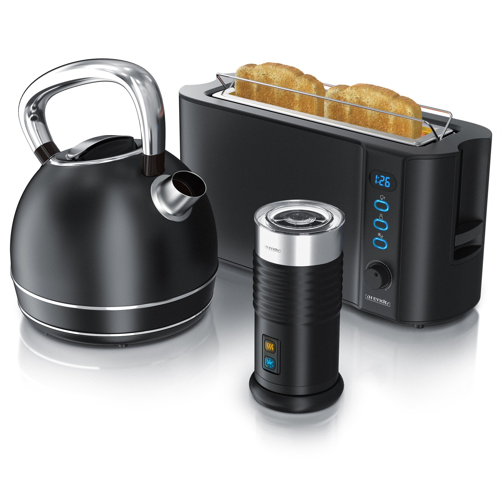 Arendo Frühstücks-Set in Schwarz matt – Wasserkocher / Toaster / Milchaufschäumer