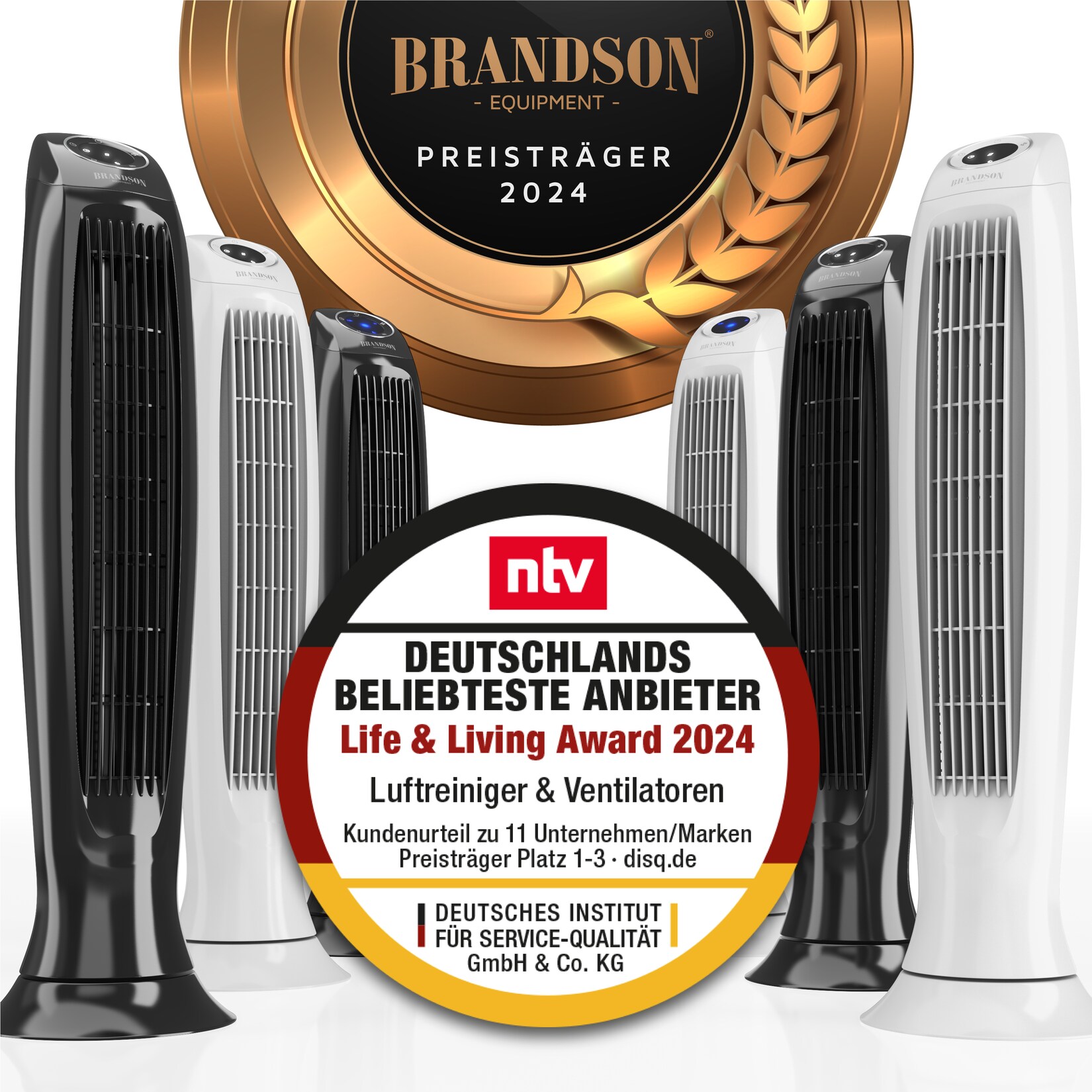Brandson Turmventilator, Säulenventilator inkl. Fernbedienung, osziellierend, leise, Ventilator mit Timer & 3 Geschwindigkeiten, Weiß | 04251259196884