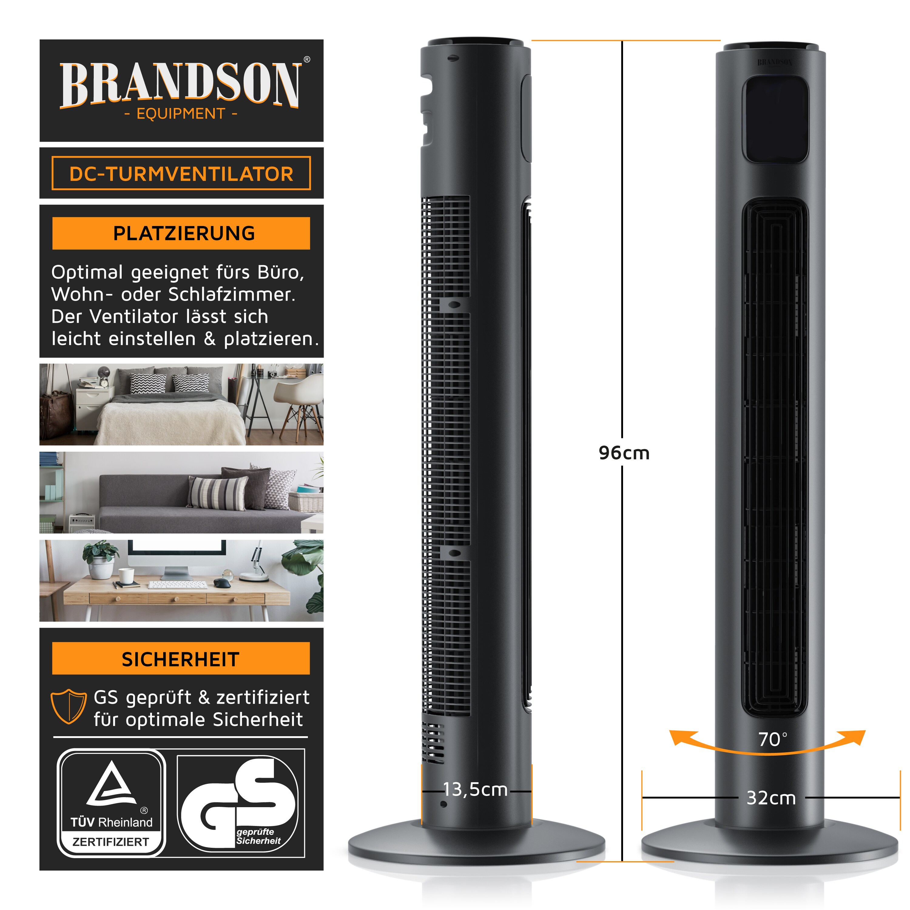 Brandson Turmventilator mit DC-Motor & Fernbedienung, Ventilator, 12 Geschwindigkeiten, ECO Modus, Standventilator mit Timerfunktion, 4 Betriebsmodi - Bild 1