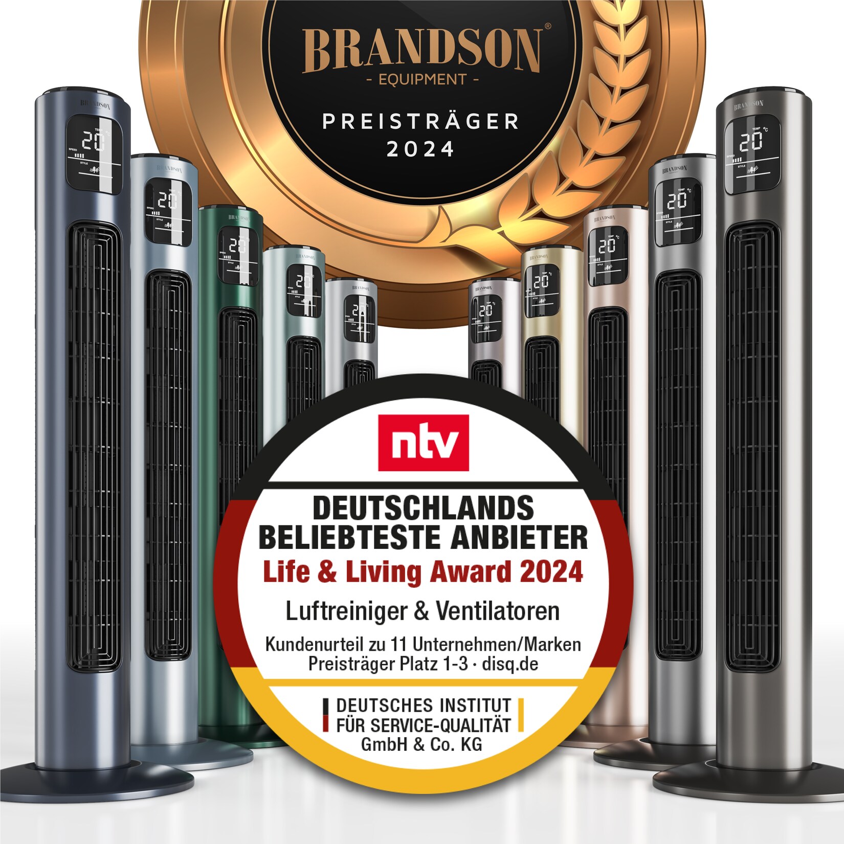 Brandson Turmventilator, 12 Geschwindigkeitenstufen, DC-Motor, ECO Modus, Standventilator Ventilator, Timer + 4 Betriebsmodi + inkl. Fernbedienung | 04062861071649