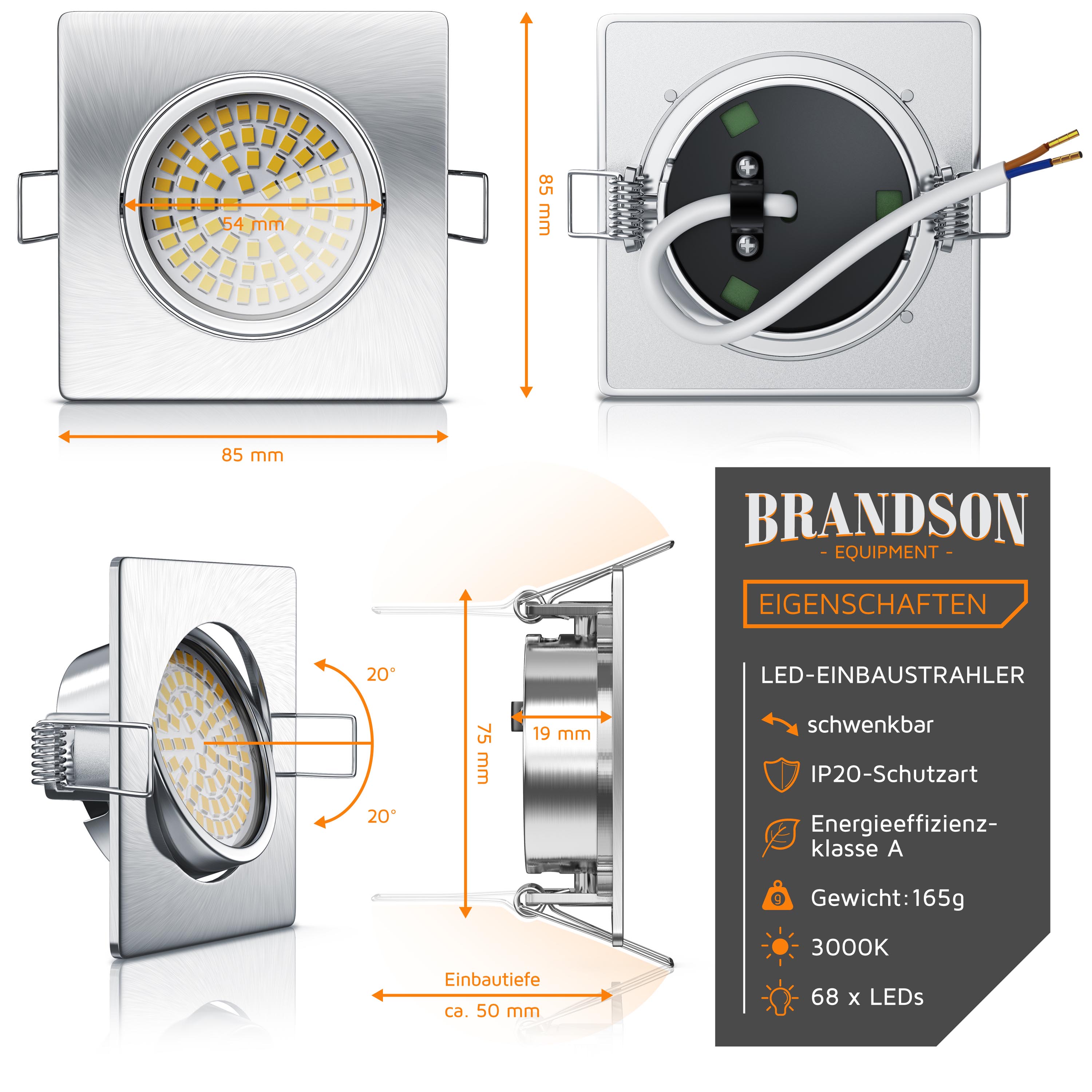 Brandson schwenkbarer LED Einbaustrahler in Edelstahl Optik Deckenspot mit 320 Lumen / Warmwei&szlig; - Bild 1