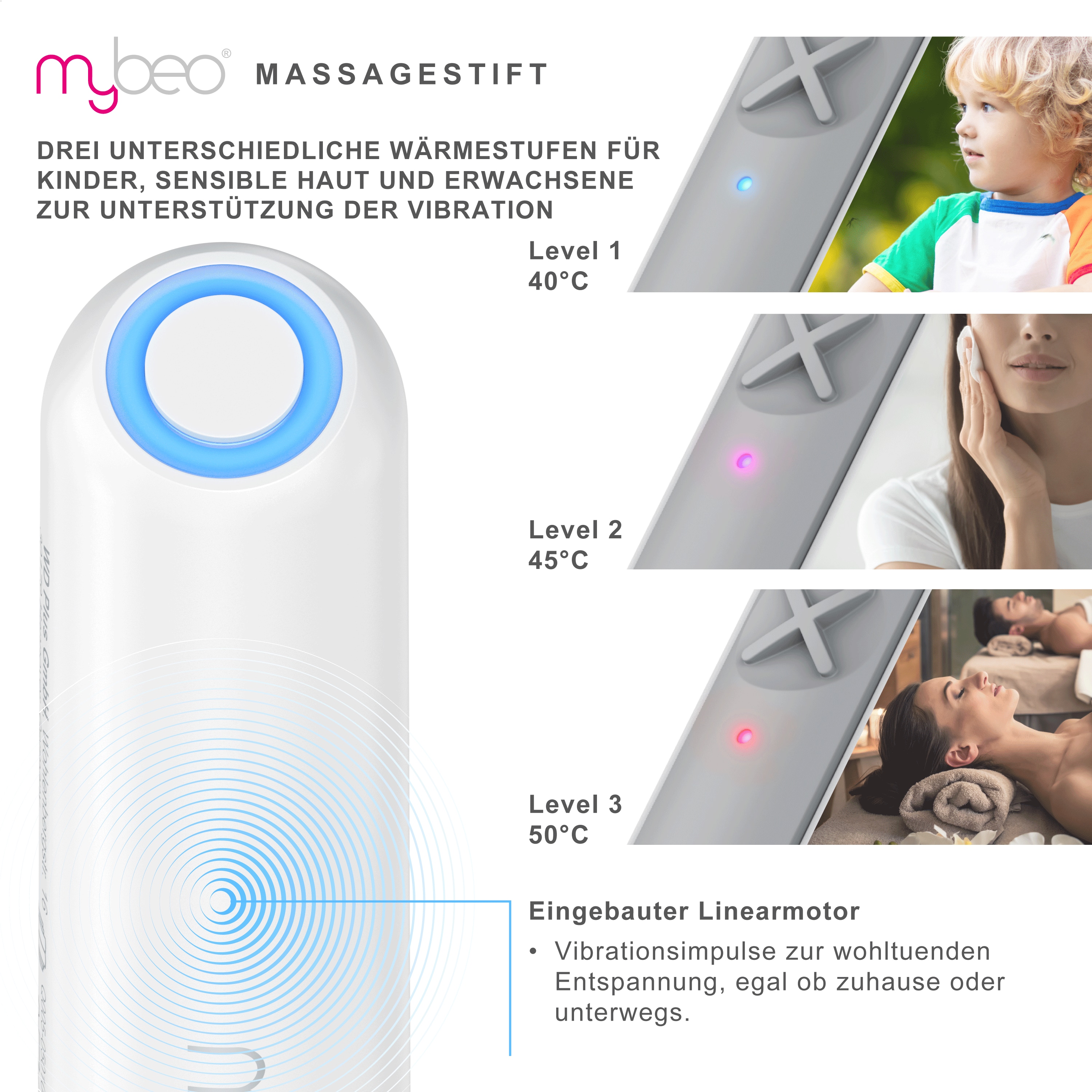 MyBeo Massagestift, elektrisch, Vibration und Wärme, für Wohlbefinden der  Haut