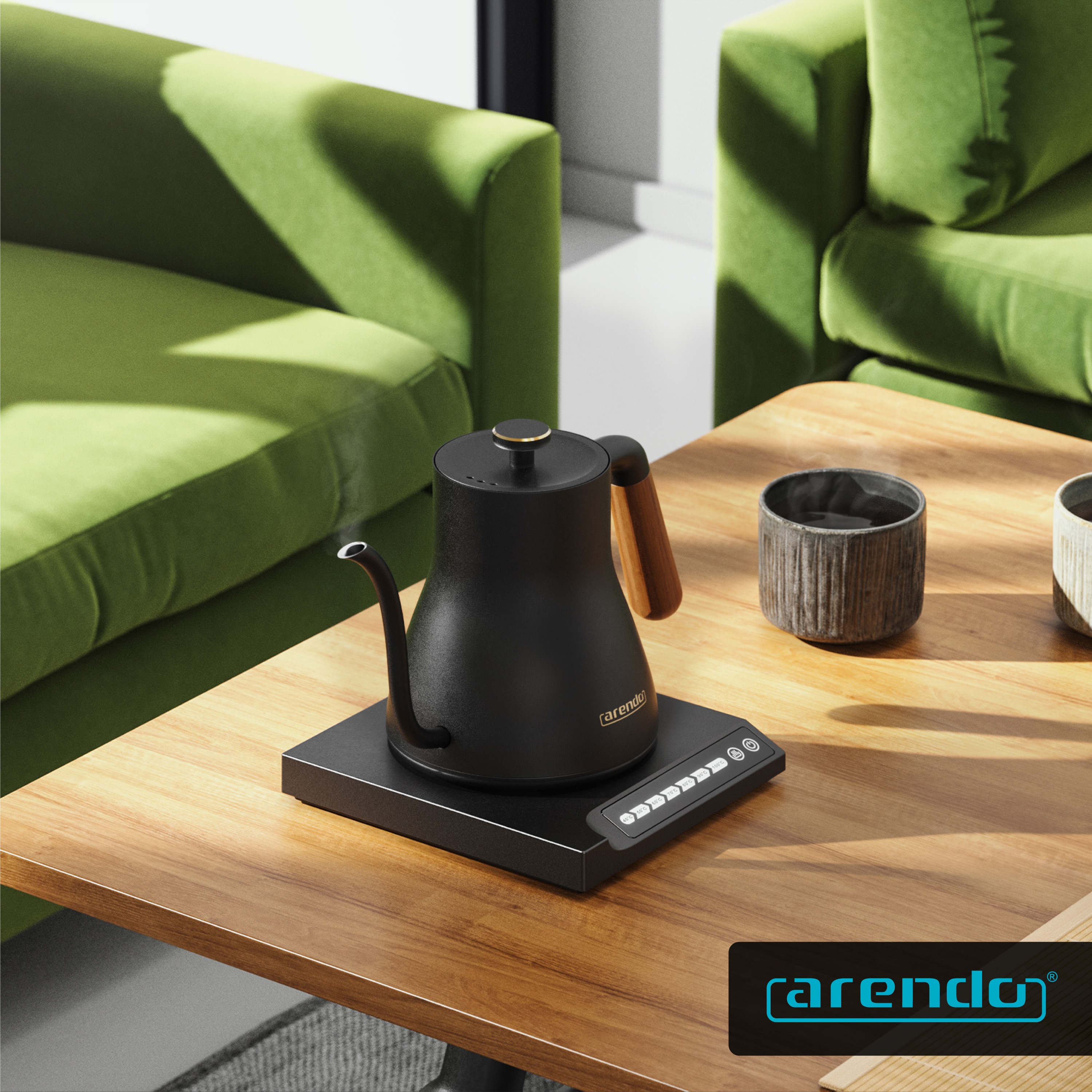 Arendo Wasserkocher aus Edelstahl, mit Temperatureinstellung, Griff aus Echt Holz, Retro, 0,5 l, 1000 W, Temperaturwahl 40°