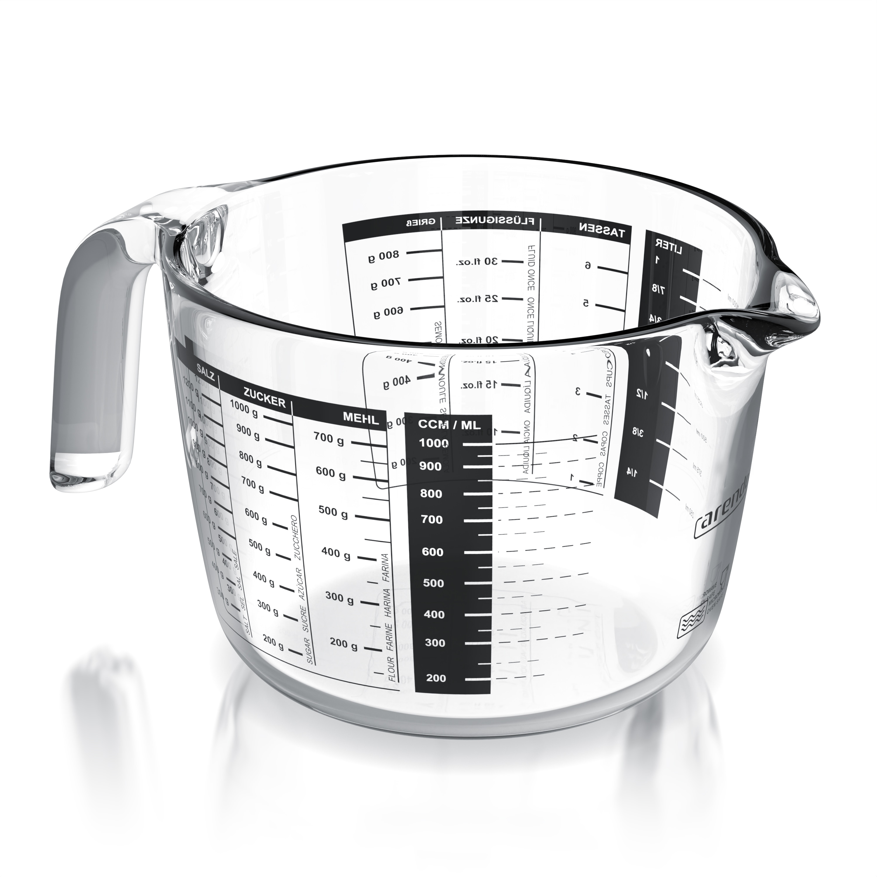 Arendo Messbecher Glasbeh&auml;lter 1000 ml, K&uuml;chenbeh&auml;lter aus Borosilikatglas, Glas, Messkrug hitzebest&auml;ndig, pr&auml;zise Skala, f&uuml;r K&uuml;che, Schule, Gastronomie - Bild 1