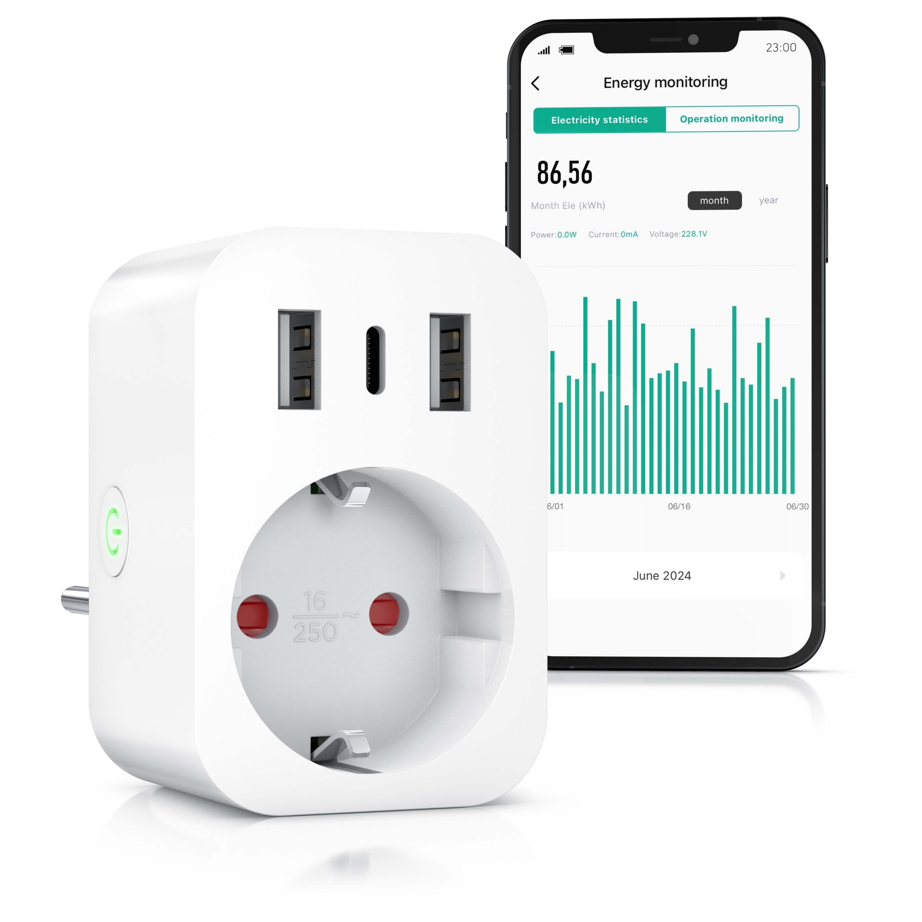 BEARWARE WLAN-Steckdose mit USB, 2,4Ghz WiFi Fernsteuerung per Smart life App, Sprachsteuerung, Zeitschaltuhr, Energiekostenmessger&auml;t, USB-Ladeger&auml;t, Countdown Timer - Bild 1