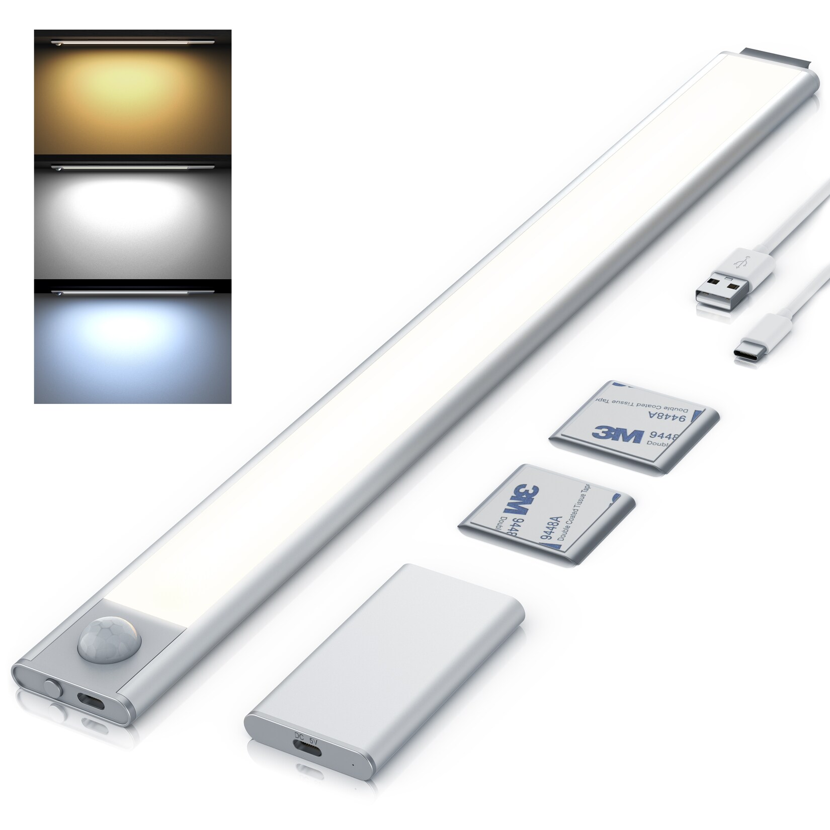 Brandson Unterschrankleuchte Nachtlicht mit Bewegungsmelder digital, Unterbauleuchte, 1500 mAh Akku, SMD LED, warmweiß, neutralweiß, kaltweiß, abnehmbar, Lichtsensor, 300 Lm, PIR Bewegungssensor, Timer | 04062861835395