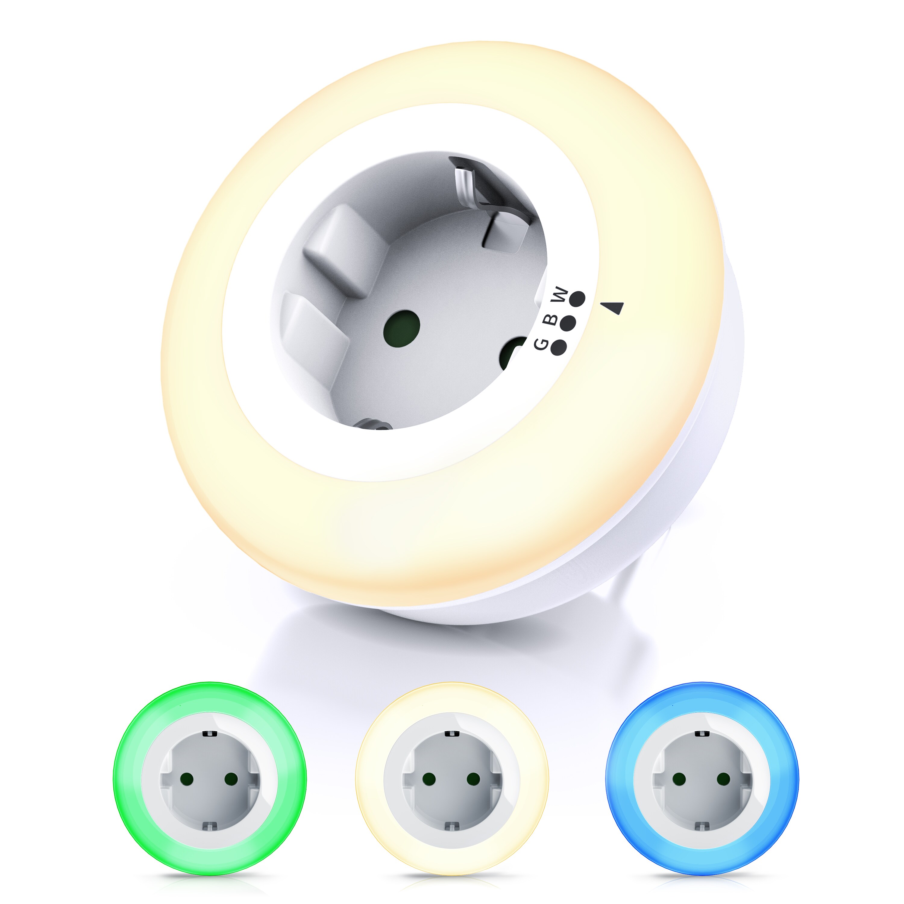 Brandson LED Nachtlicht Nacht & Orientierungslicht mit Steckdose, Helligkeits/D&auml;mmerungssensor, Automatische Ein-/Ausschaltung; Farbwechsel; Nachtlichtfunktion, LED fest integriert, Warmwei&szlig;, Gr&uuml;n, Blau, Nachtlampe mit Zwischenstecker & ausw&auml;hlbaren Farben - Bild 1
