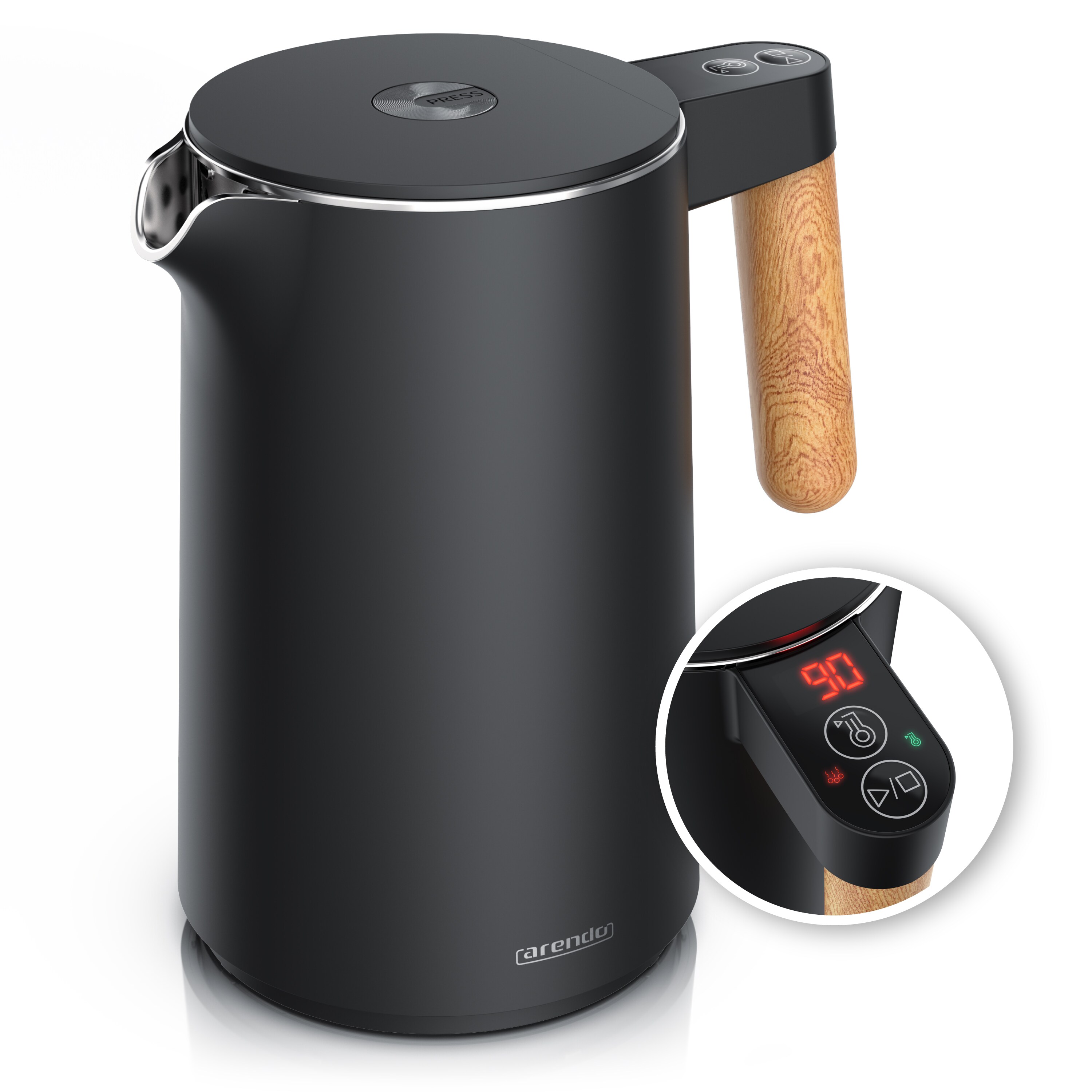 Arendo Wasserkocher Edelstahl, Doppelwand, Temperatureinstellung 40&deg; - 100 &deg;C mit Anzeige, 1,5 l, 2200 W, Warmhaltefunktion, 360&deg; Basis, mit Holzgriff, BPA-frei - Bild 1