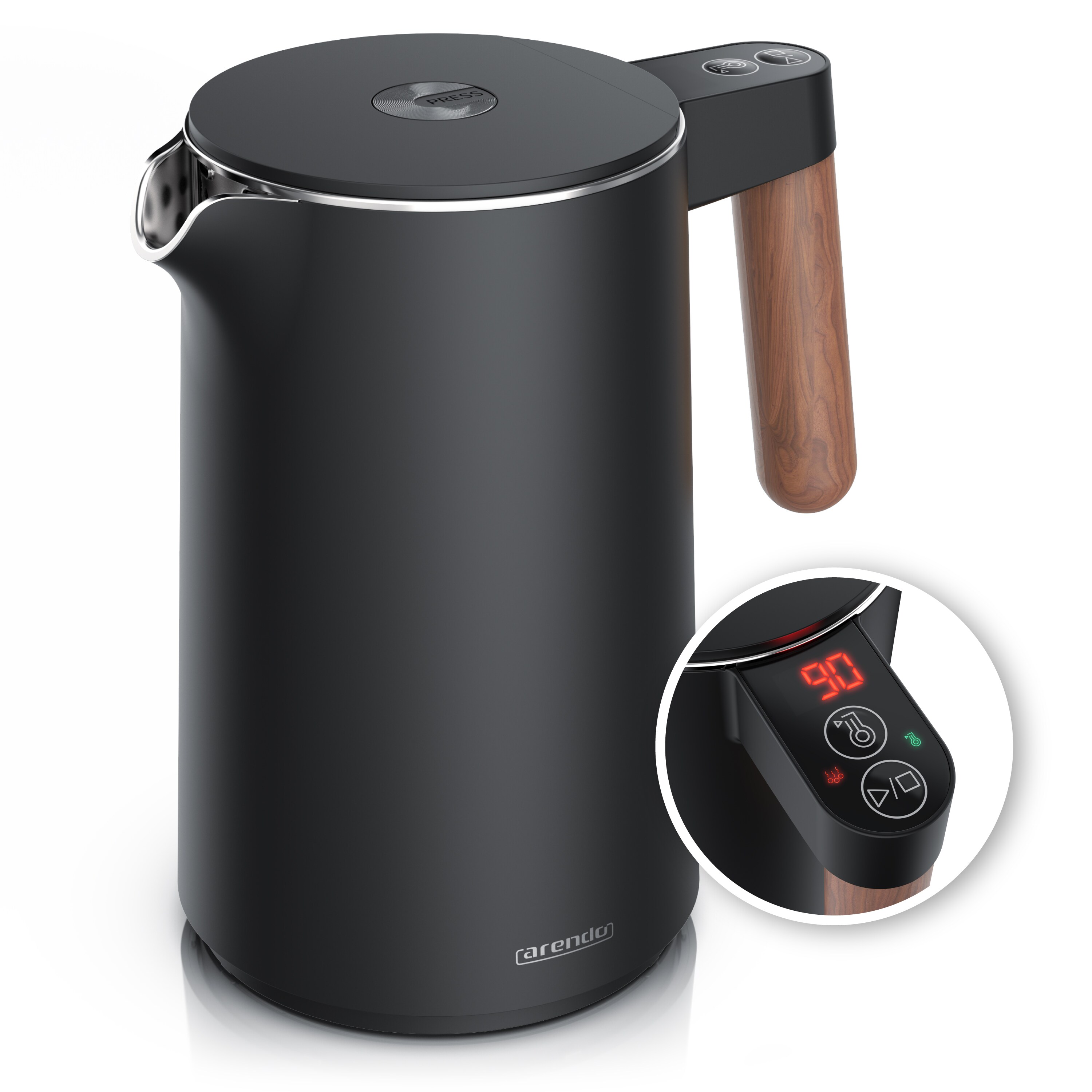 Arendo Wasserkocher Edelstahl, Doppelwand, Temperatureinstellung 40&deg; - 100 &deg;C mit Anzeige, 1,5 l, 2200 W, Warmhaltefunktion, 360&deg; Basis, mit Holzgriff, BPA-frei - Bild 1