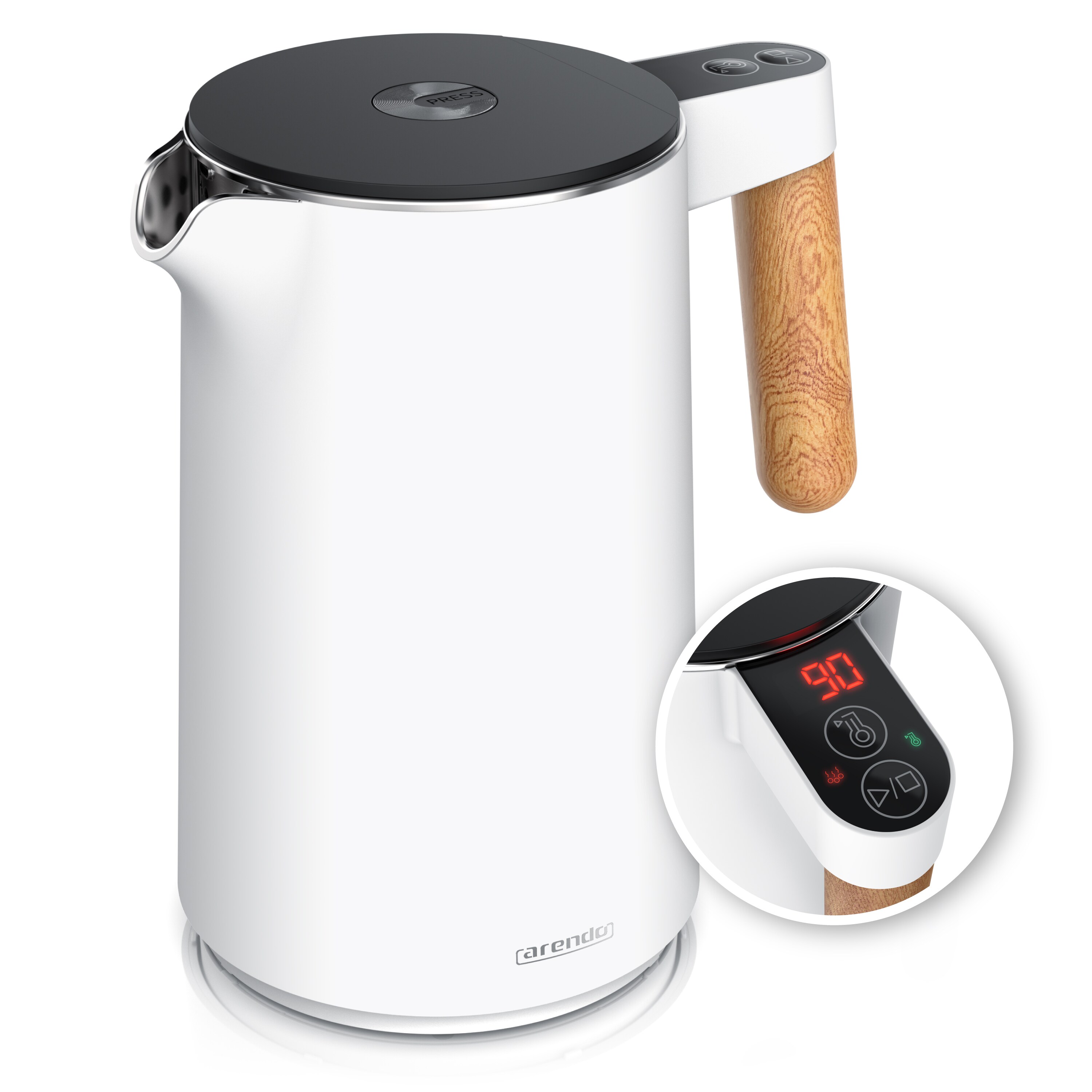 Arendo Wasserkocher Edelstahl, Doppelwand, Temperatureinstellung 40&deg; - 100 &deg;C mit Anzeige, 1,5 l, 2200 W, Warmhaltefunktion, 360&deg; Basis, mit Holzgriff, BPA-frei - Bild 1