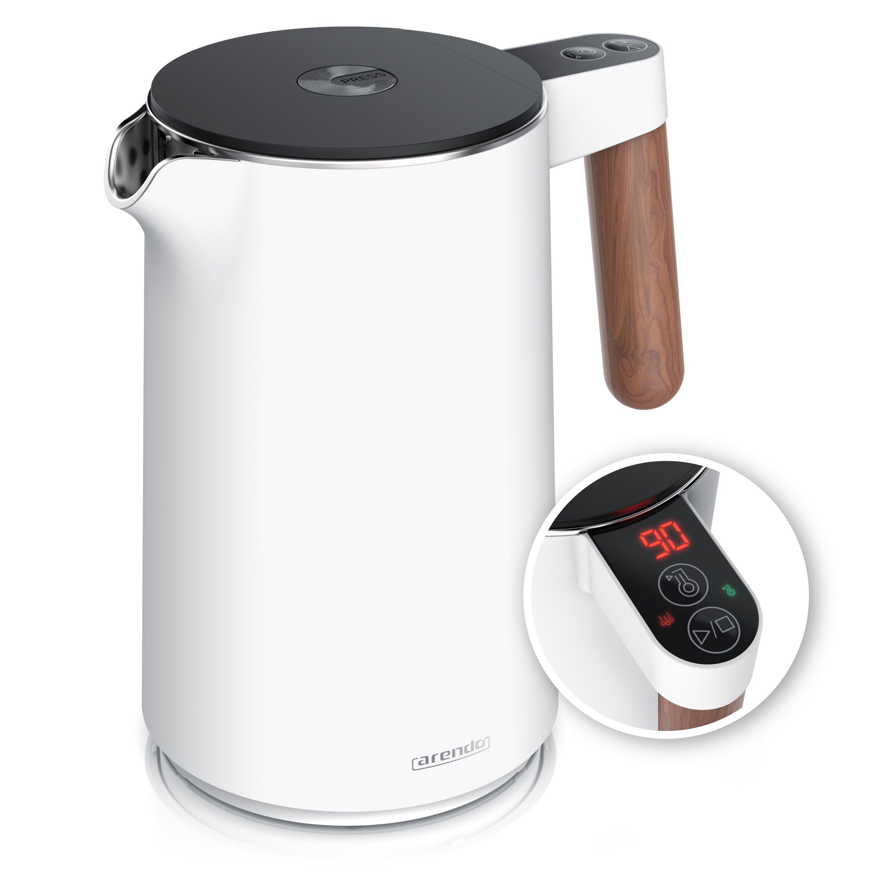 Arendo Wasserkocher Edelstahl, Doppelwand, Temperatureinstellung 40&deg; - 100 &deg;C mit Anzeige, 1,5 l, 2200 W, Warmhaltefunktion, 360&deg; Basis, mit Holzgriff, BPA-frei - Bild 1