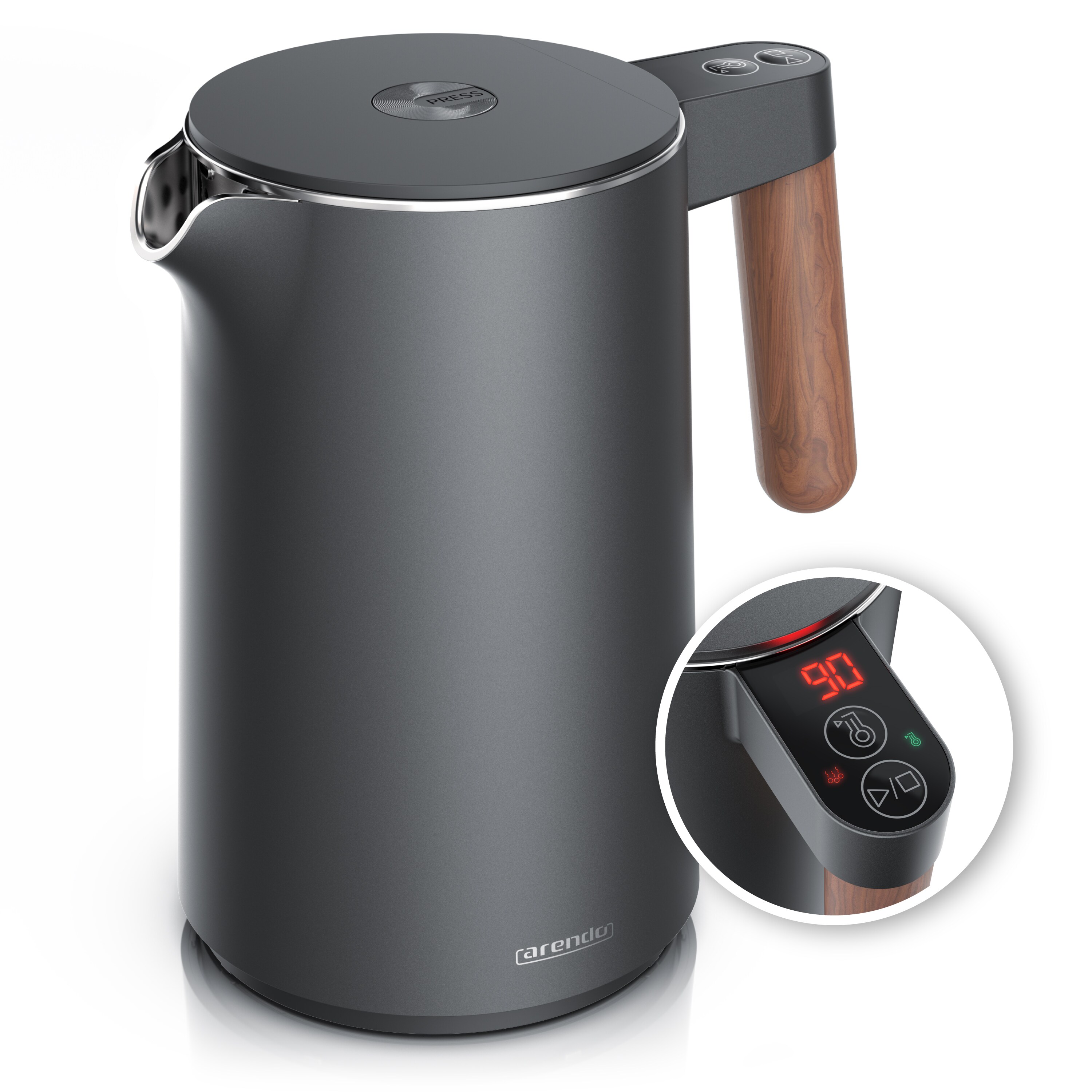 Arendo Wasserkocher Edelstahl, Doppelwand, Temperatureinstellung 45 &deg; &ndash; 100 &deg;C mit Anzeige, 1,5 l, 2200 W, Warmhaltefunktion, Teekocher, mit Holzgriff, BPA-frei - Bild 1
