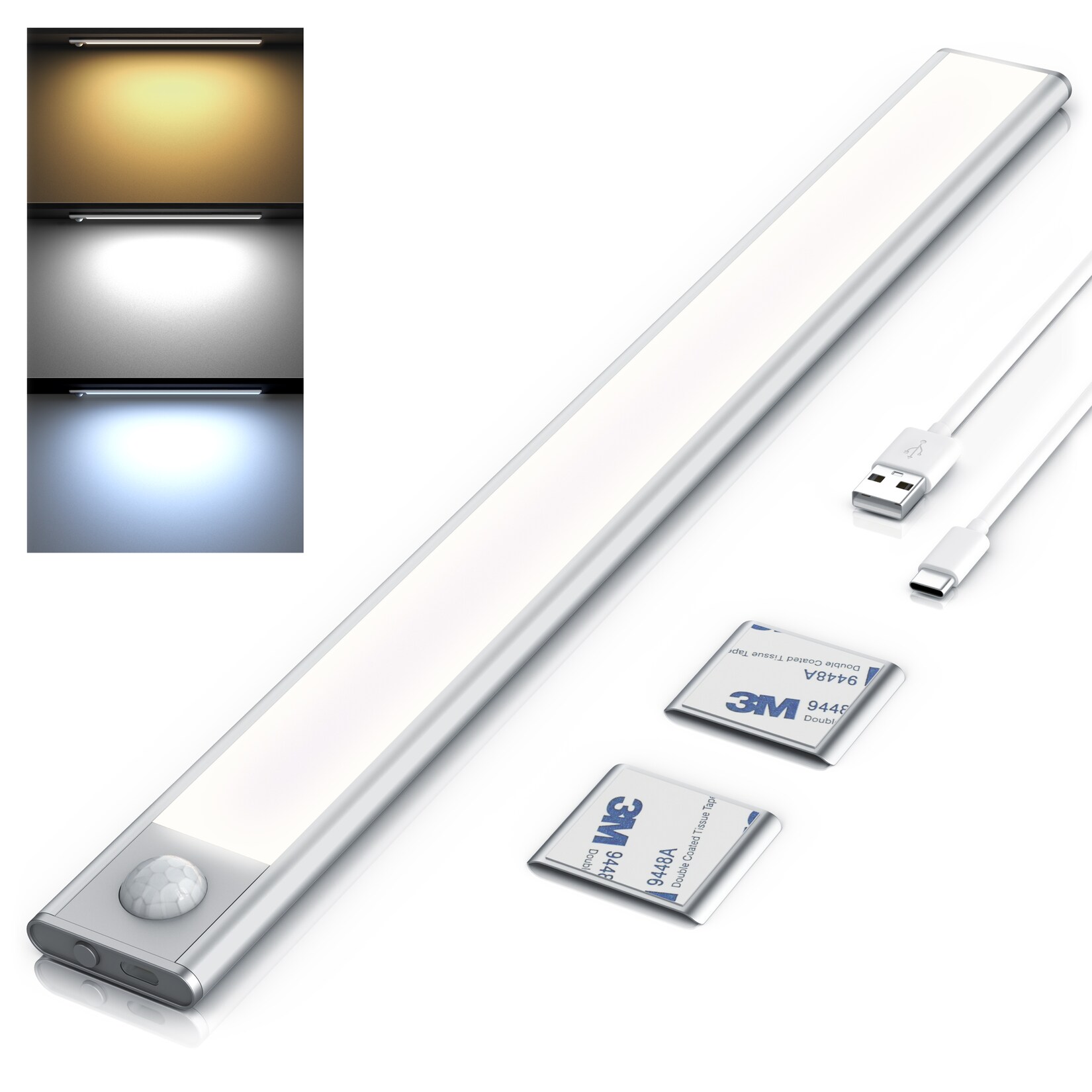 Brandson LED Unterschrankleuchte mit Bewegungsmelder, Akku, 3 Lichtfarben Warmweiß Neutralweiß Kaltweiß, dimmbar, SMD LED, Unterbau und Nachtlicht, inklusive Wandhalterung | 04062861835401