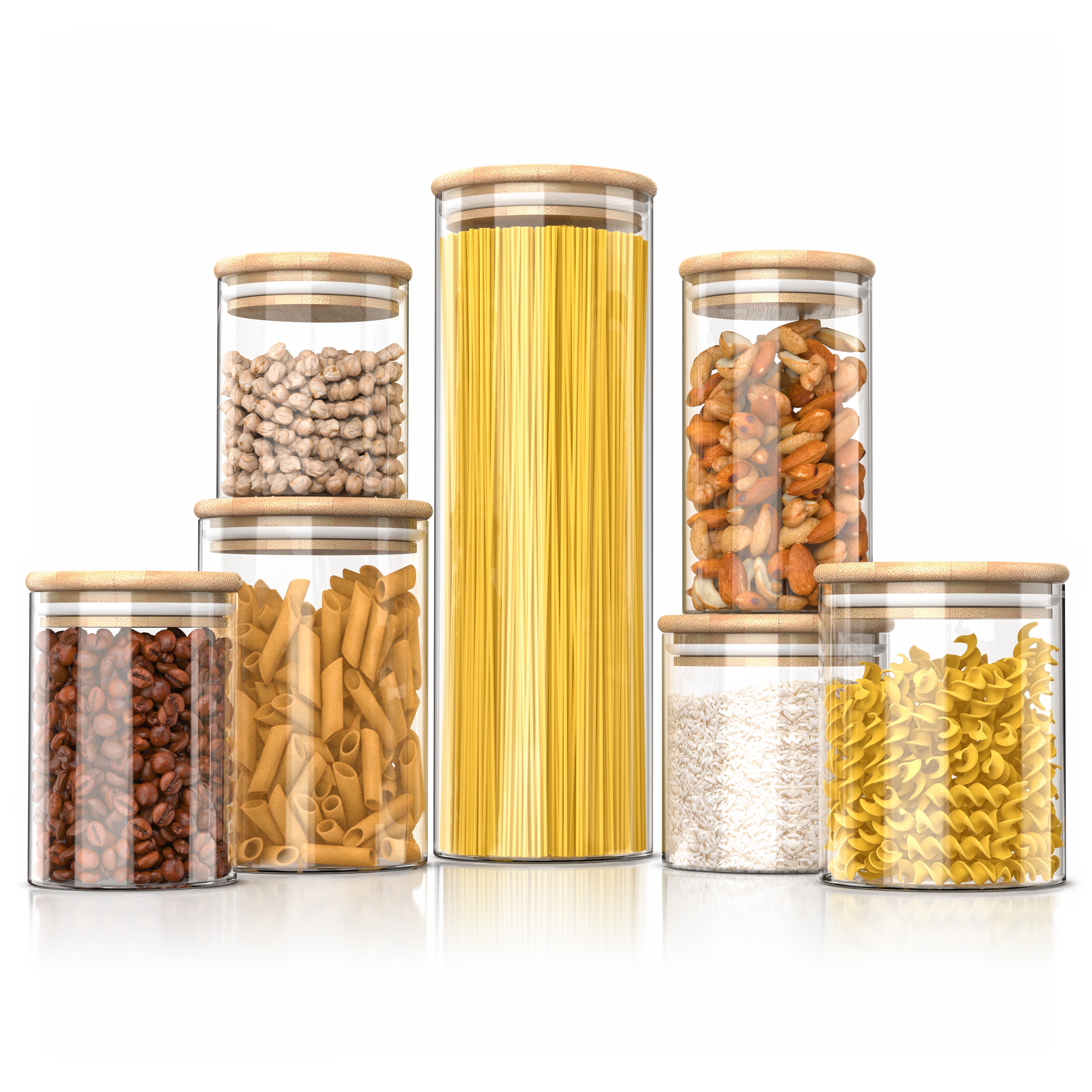 Arendo Glasbeh&auml;lter-Set aus Borosilikatglas mit Bambusdeckel, 7-tlg., mikrowellengeeignet, luftdicht - Bild 1