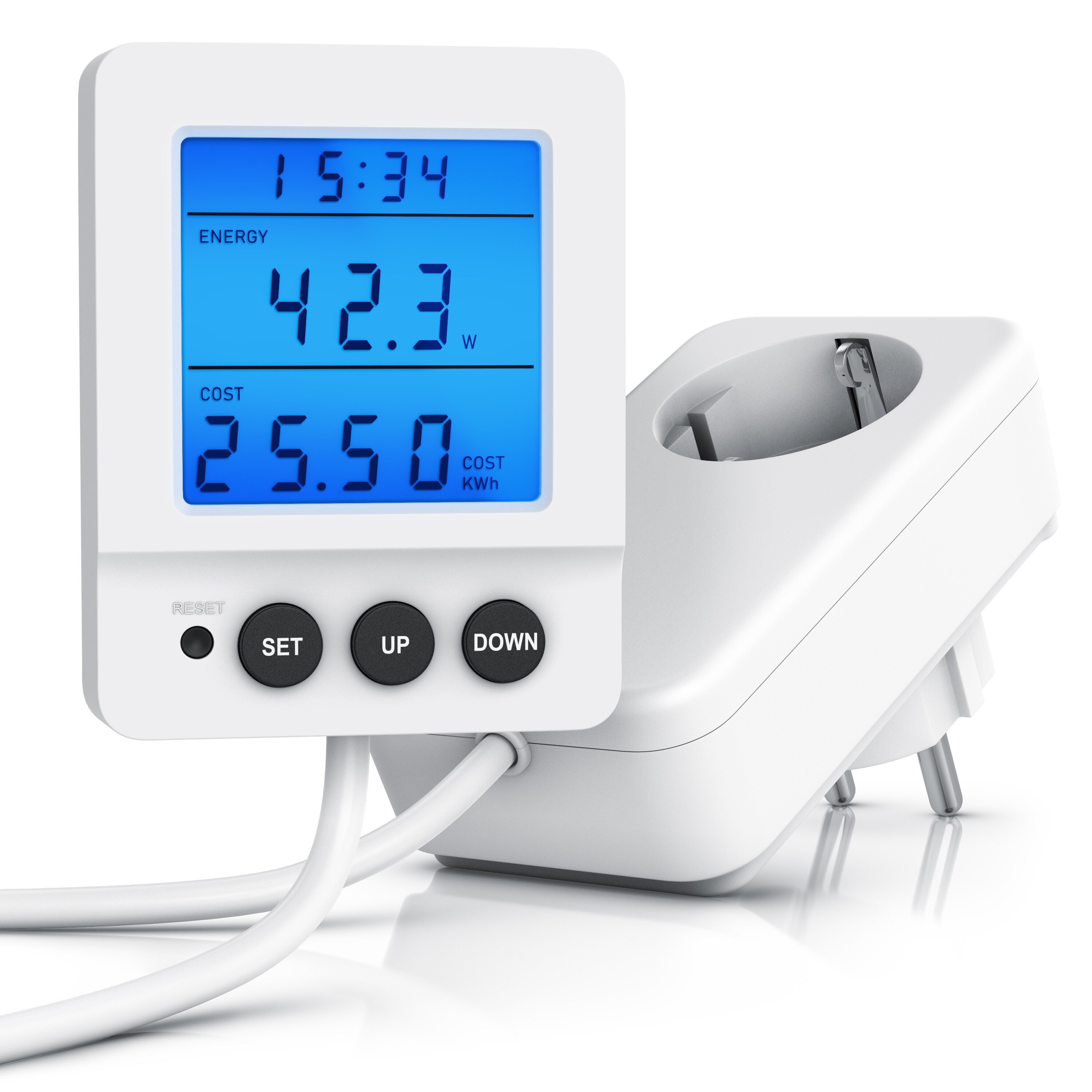 BEARWARE Energiekostenmessgerat digital, Strommessgerat, kabelgebundenes seperates Display, 3680 Watt, Stromverbrauchszahler, Stromzahler fiir die Steckdose, LED beleuchtet - Bild 1