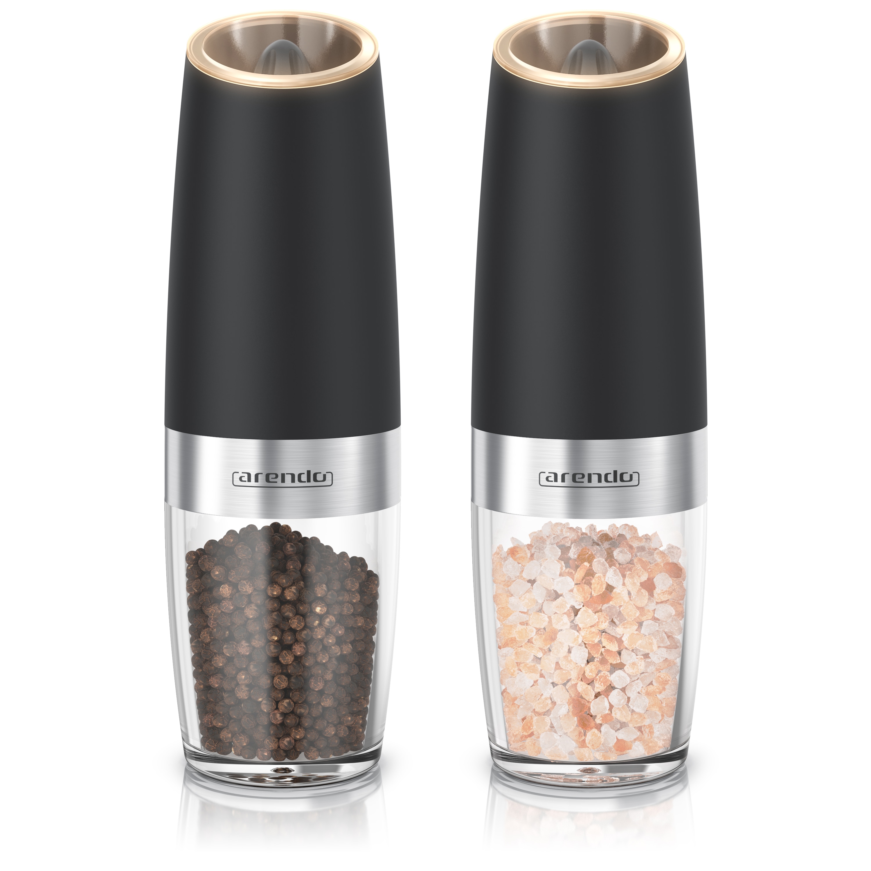 Arendo Salz/Pfeffermiihle Elektrische Salzmiihle & Pfeffermihhle, stufenlos einstellbar Batteriebetrieben, (2 Stiick), Edelstahl, Keramikmahlwerk, 2er LED, Kippsensor - Bild 1