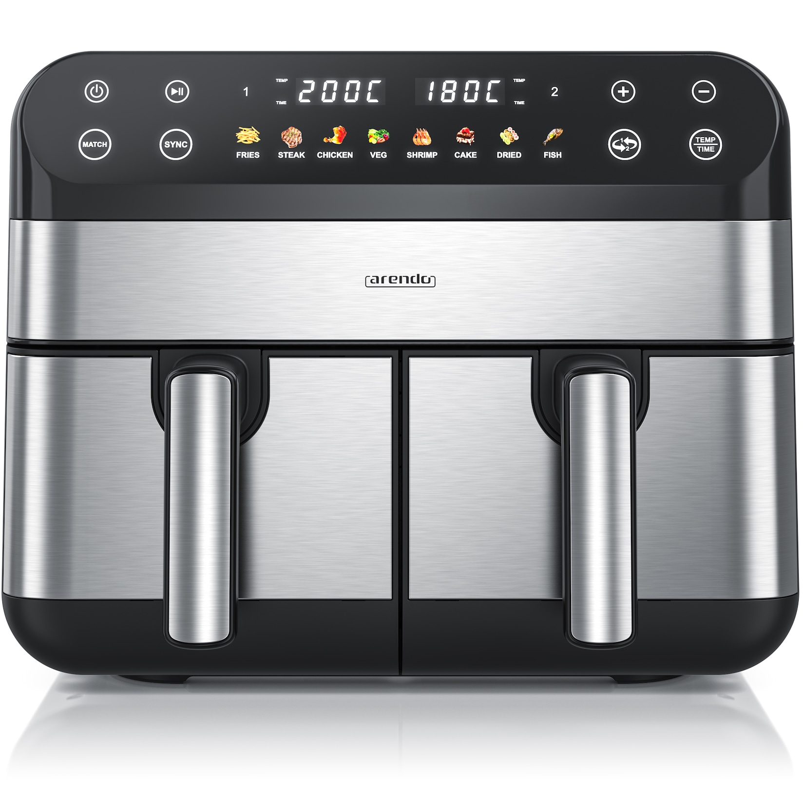 Arendo Heißluftfritteuse XXL Doppelkammer Airfryer SL, Dual Zone, Backofen, Dörrautomat, 2400 W, mit Zubehör, Touchscreen, 3D Umluftsystem