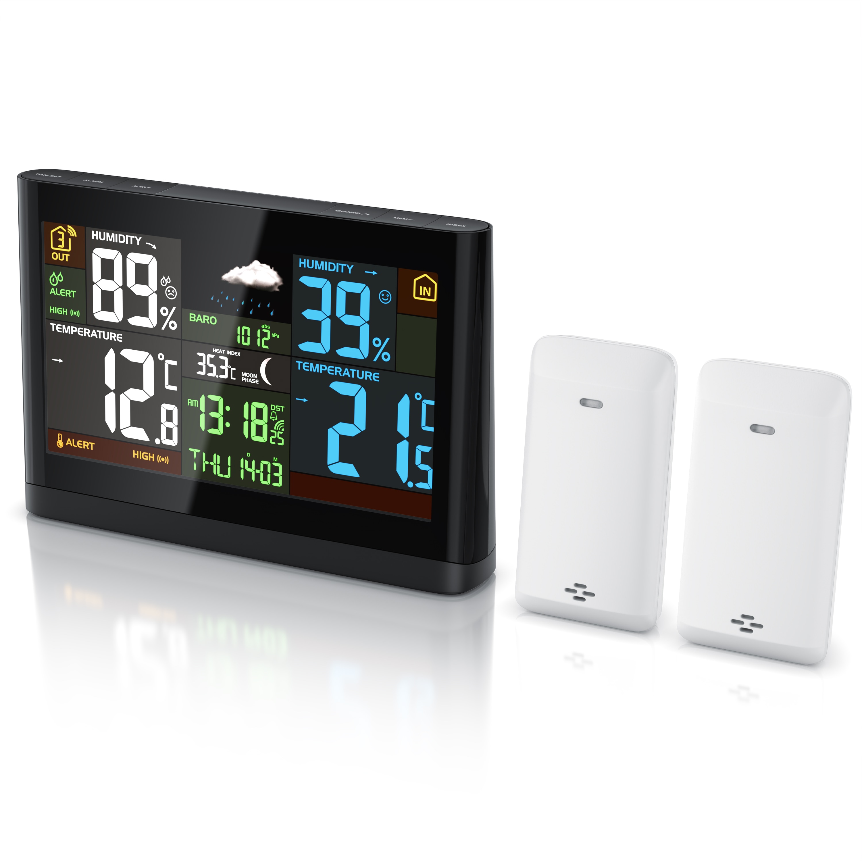 BEARWARE Wetterstation, Funk, Farbdisplay, 2 Au&szlig;ensensoren, Netzteil, Hygrometer, Wecker mit Snooze, DCF-Signal, Innen- & Au&szlig;entemperatur - Bild 1